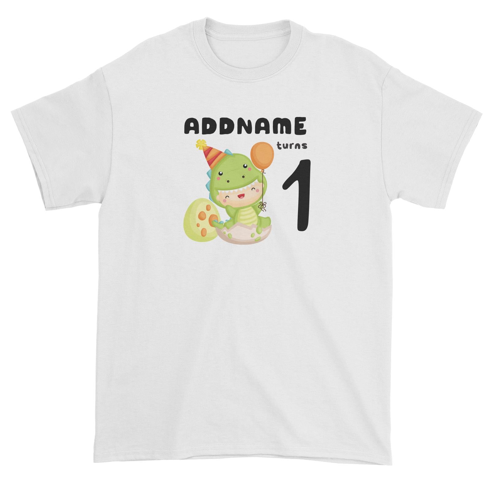 Birthday Dinosaur Happy Baby Wearing Dinosaur Suit Addname Turns 1 Unisex T-Shirt