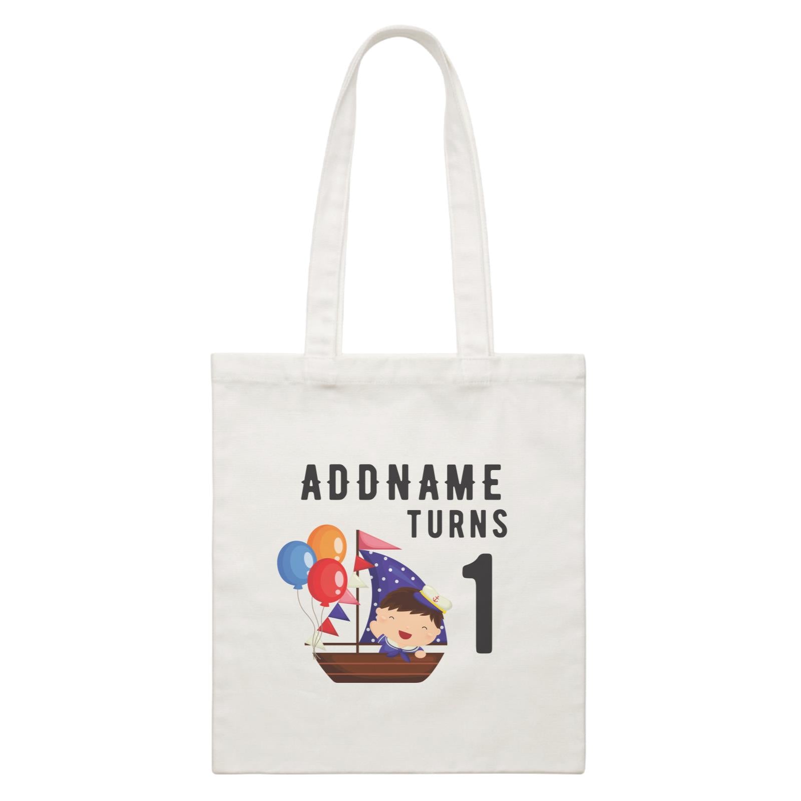 Birthday Sailor Baby Boy In Ship With Balloon Addname Turns 1 White Canvas Bag