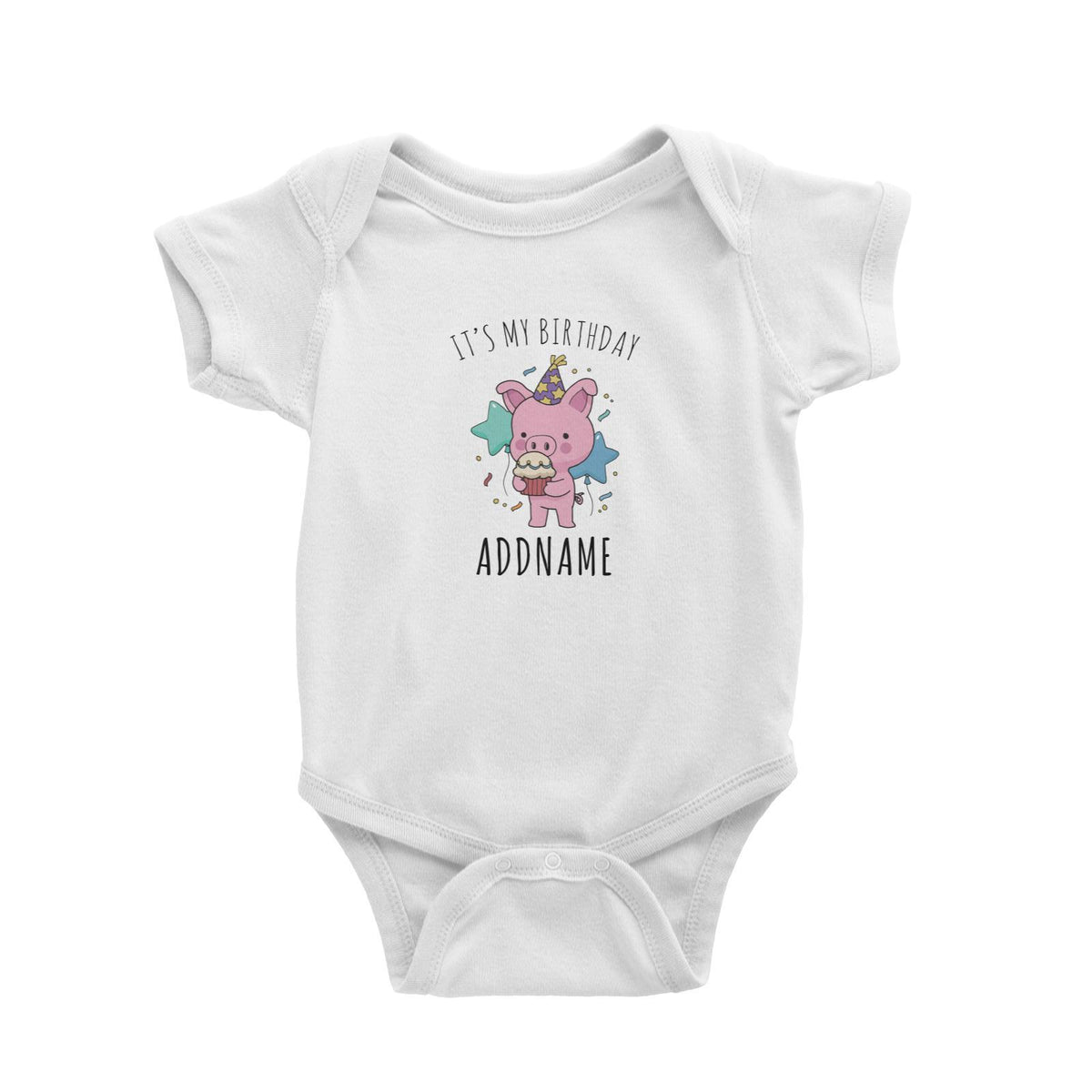 Birthday Sketch Animals Pig with Party Hat Eating Cupcake It's My Birthday Addname Baby Romper