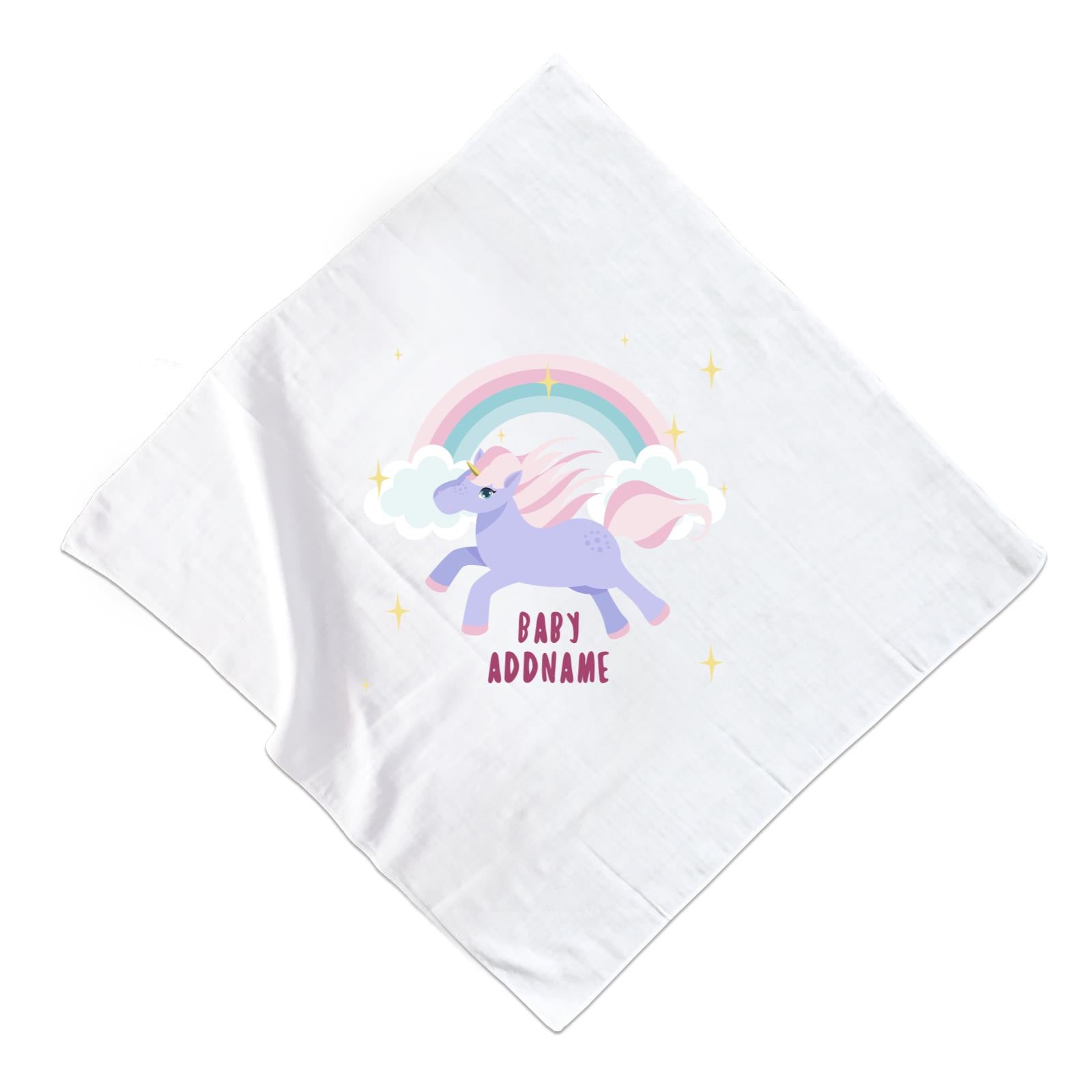 Purple Unicorn Galloping with Rainbow and Baby Addname Muslin Square