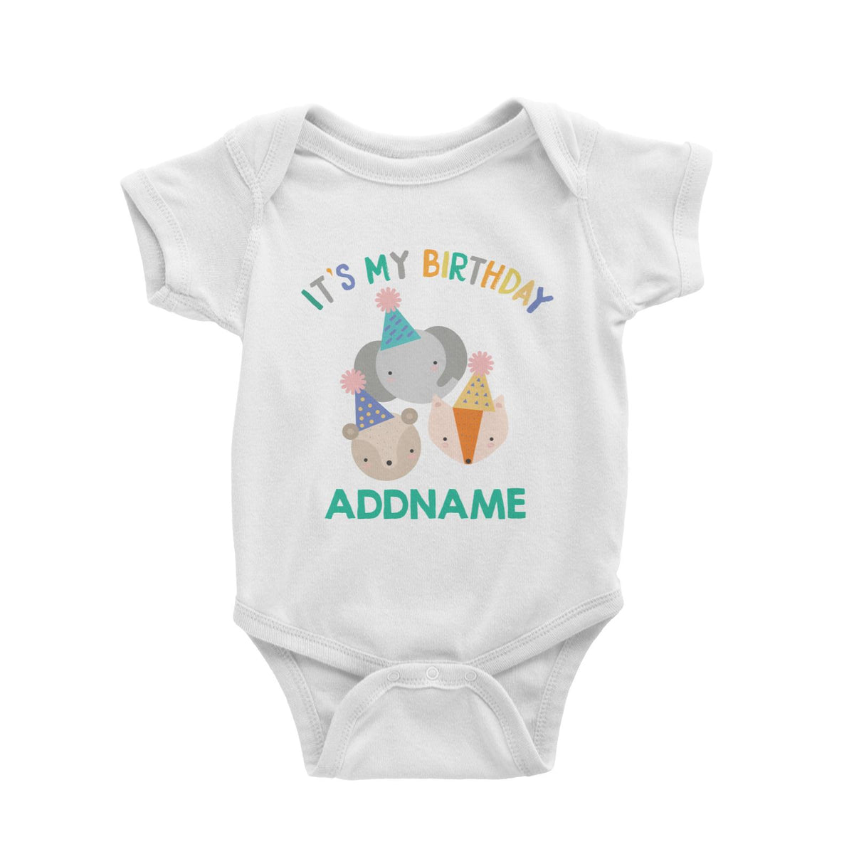Cute It's My Birthday Safari Theme with Elephant, Fox and Squirrel Head Baby Romper