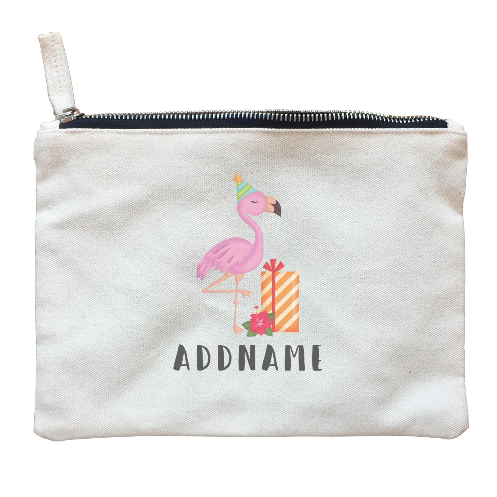 Birthday Hawaii Flamigo Wearing Party Hat With Present And Hibiscus Addname Zipper Pouch