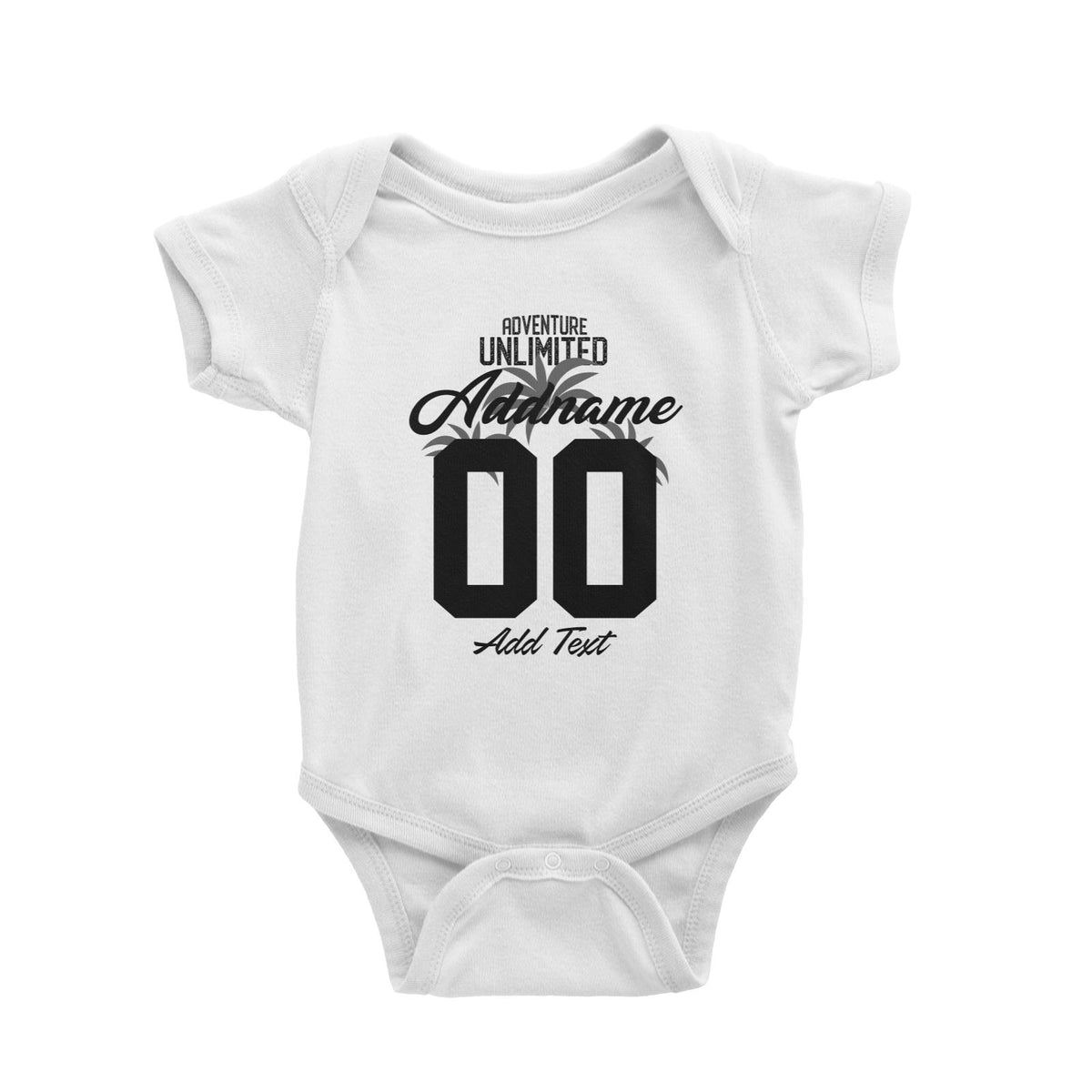 Adventure Unlimited with Grey Leaves Personalizable with Name Number and Text Baby Romper