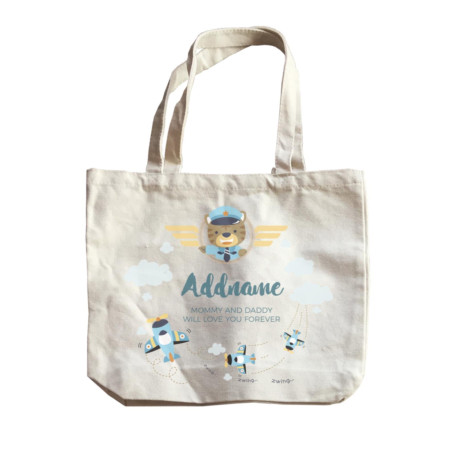 Cute Bear Pilot and Blue Planes Flying Personalizable with Name and Text Canvas Bag