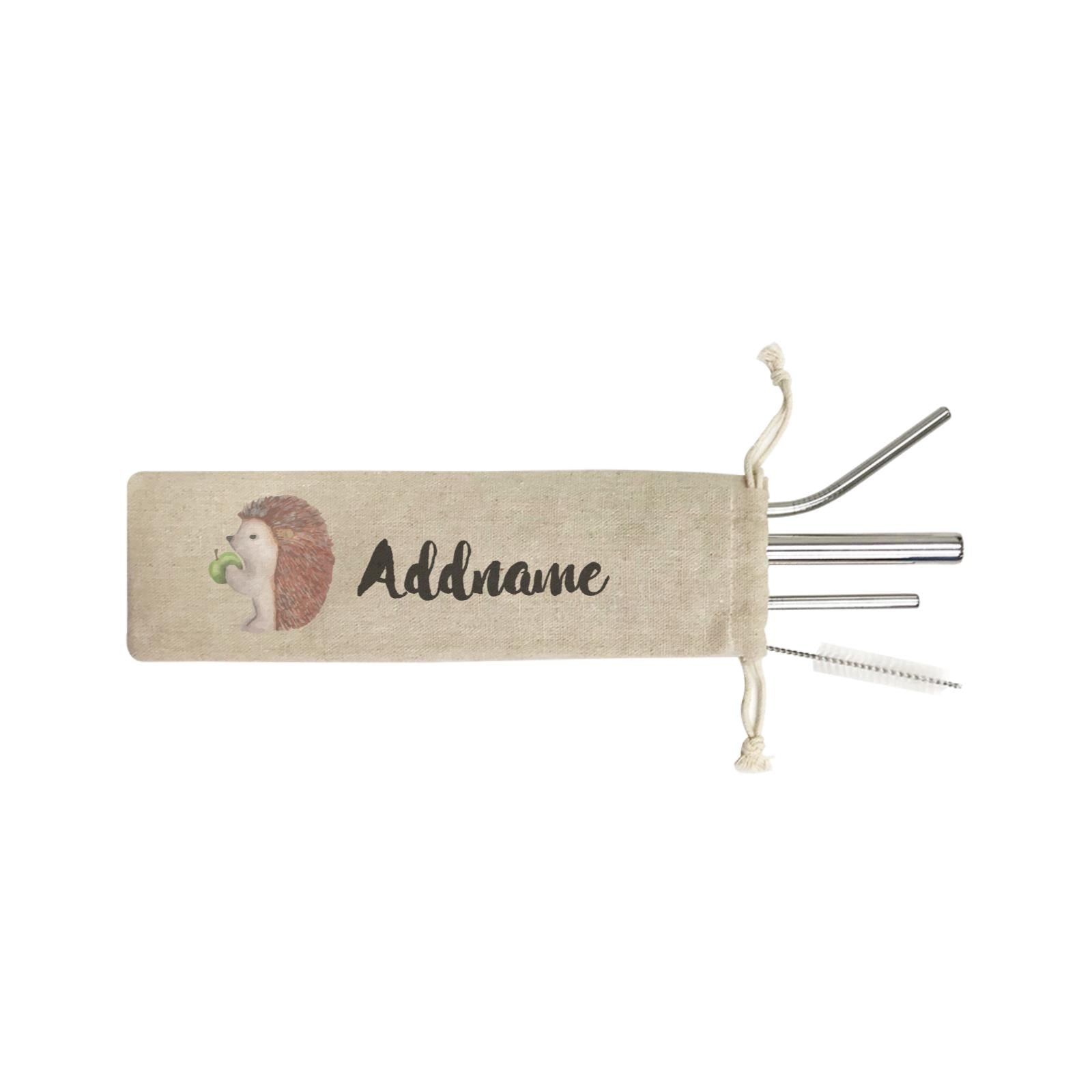 Watercolour Animal Sweet Porcuppine Green Apple Addname SB 4-in-1 Stainless Steel Straw Set In a Satchel