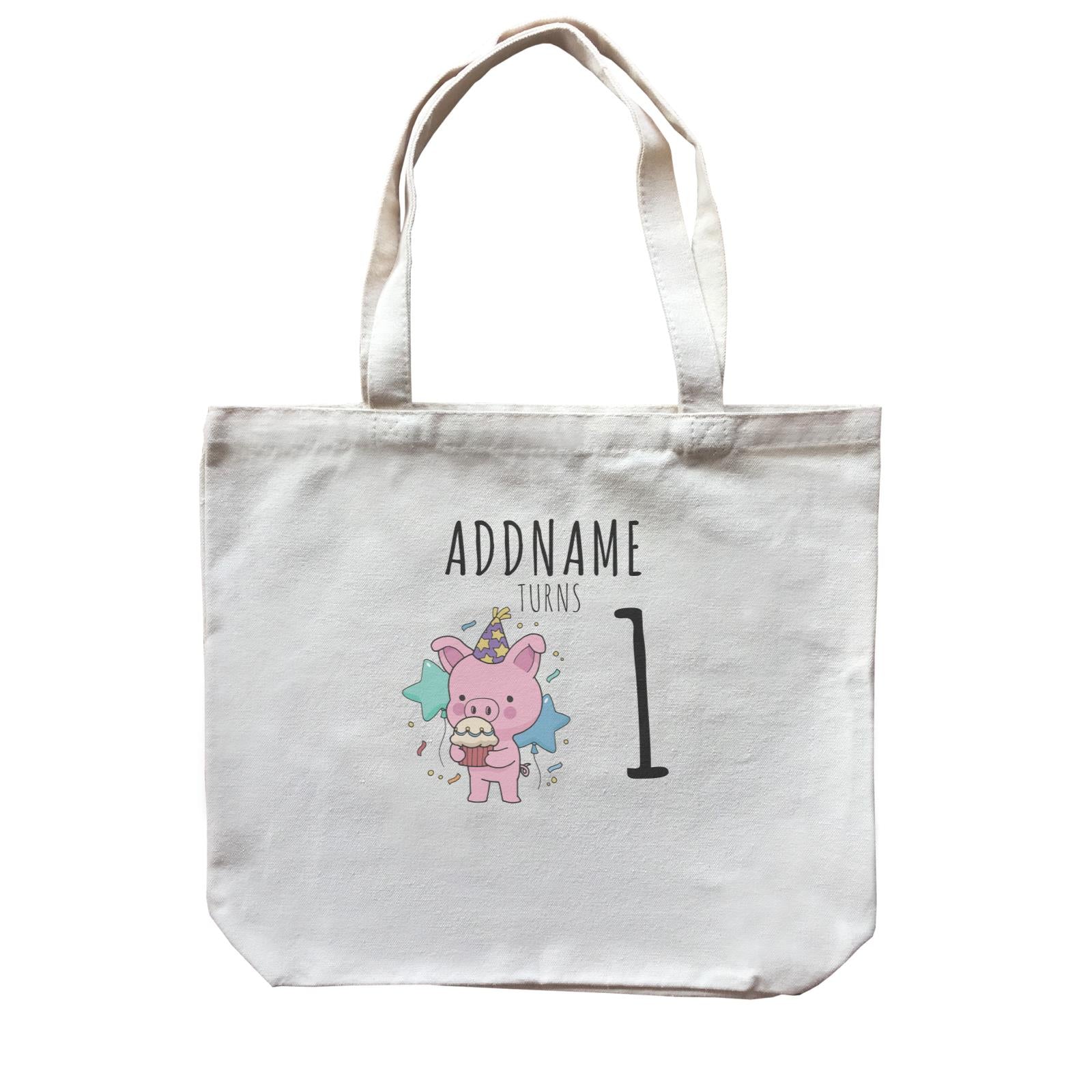Birthday Sketch Animals Pig with Party Hat Eating Cupcake Addname Turns 1 Canvas Bag