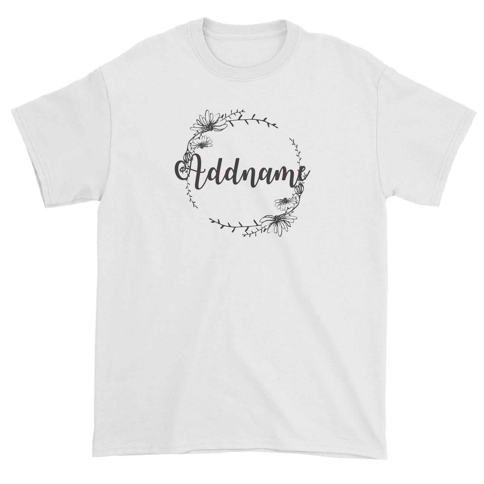 Bridesmaid Monochrome Floral and Leaves Wreath Addname Unisex T-Shirt