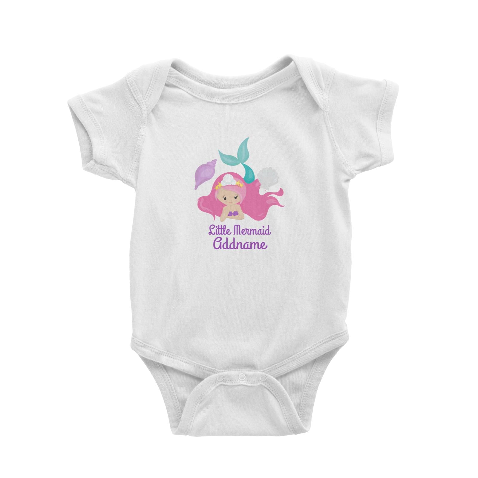 Little Mermaid Lying Down with Seashells Addname White Baby Romper