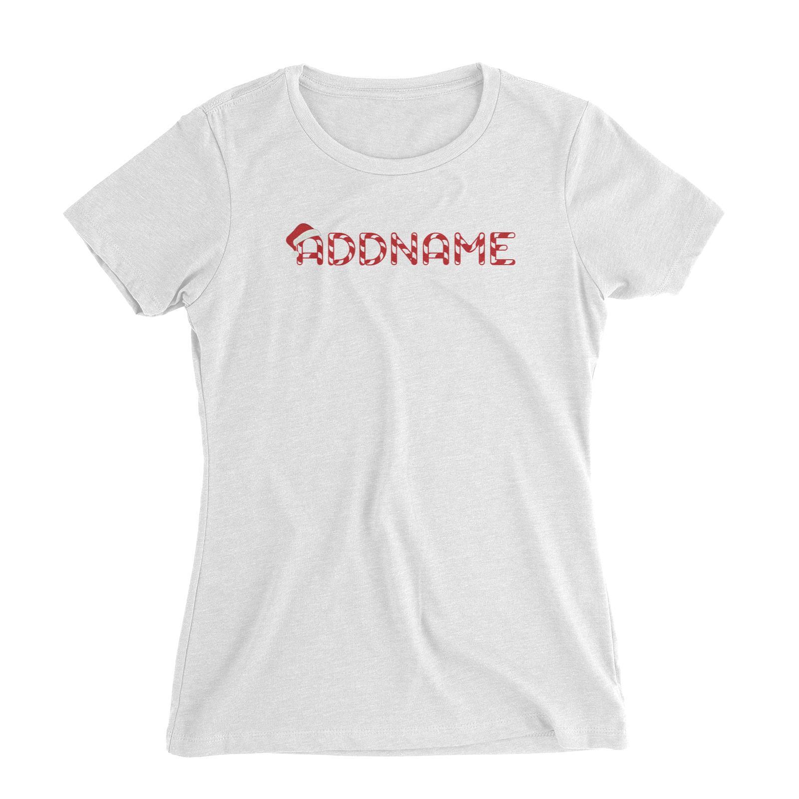 Candy Cane Alphabet Addname with Santa Hat Women's Slim Fit T-Shirt Christmas Matching Family Personalizable Designs Lettering