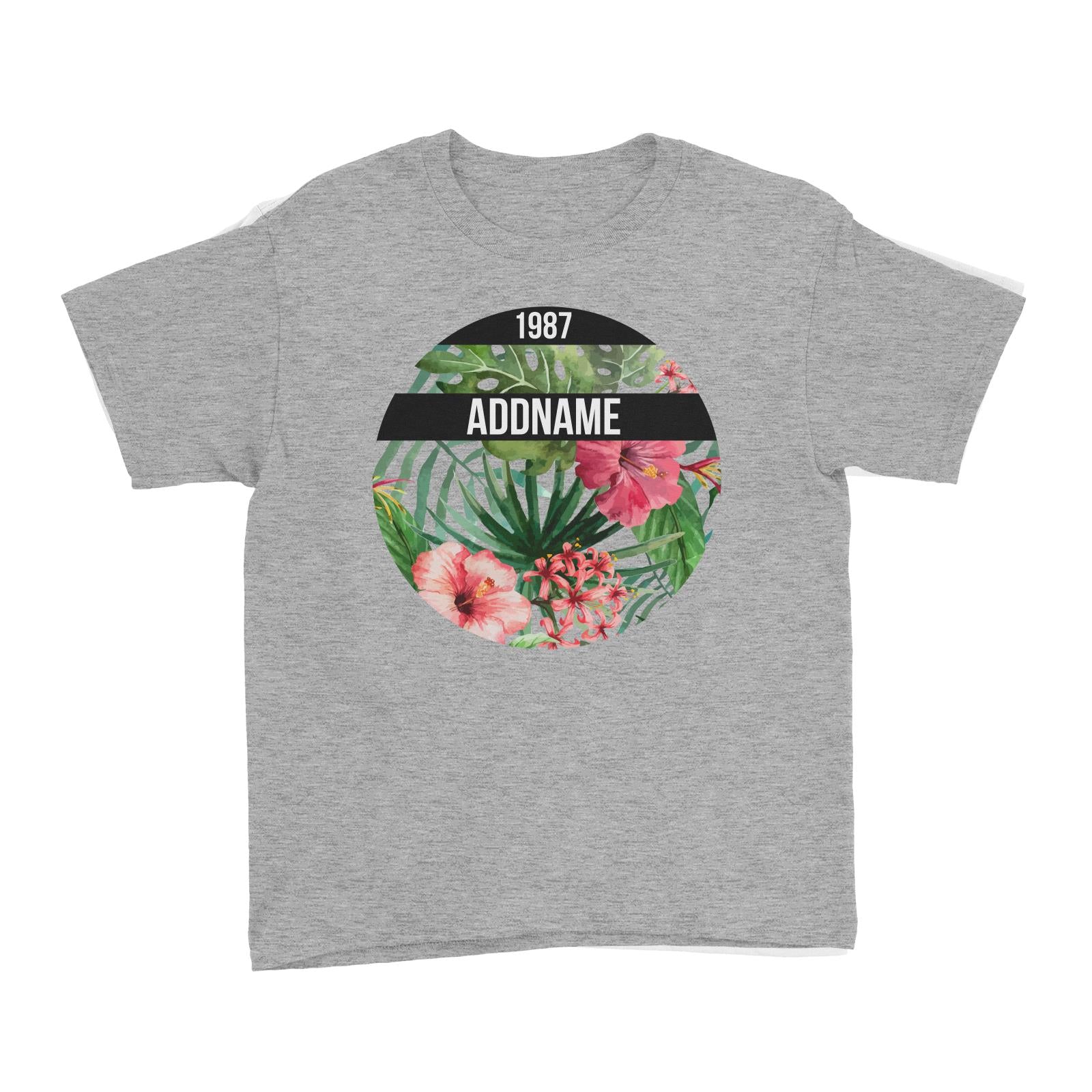 Tropical Leaves With Bunga Raya Personalizable with Name and Year Kid's T-Shirt