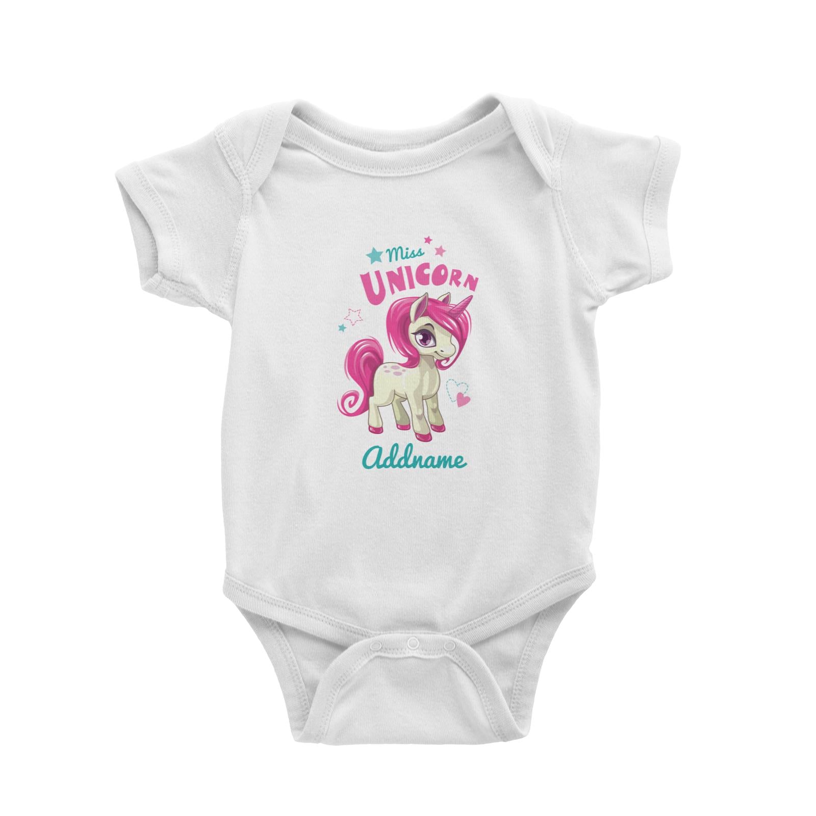 Pastel Pink Miss Unicorn Cartoon White Baby Romper Personalizable Designs