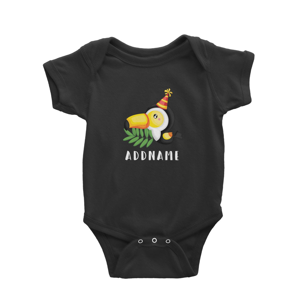 Birthday Safari Hornbill Wearing Party Hat Addname Baby Romper