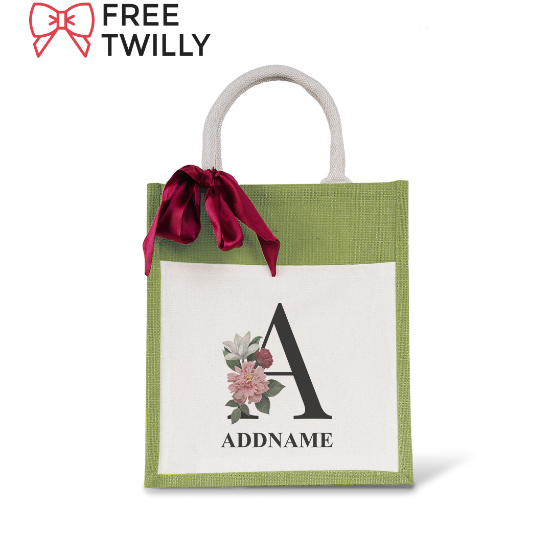 Myra Floral Series Olive Green Colourful Jute Bag With Front Pocket