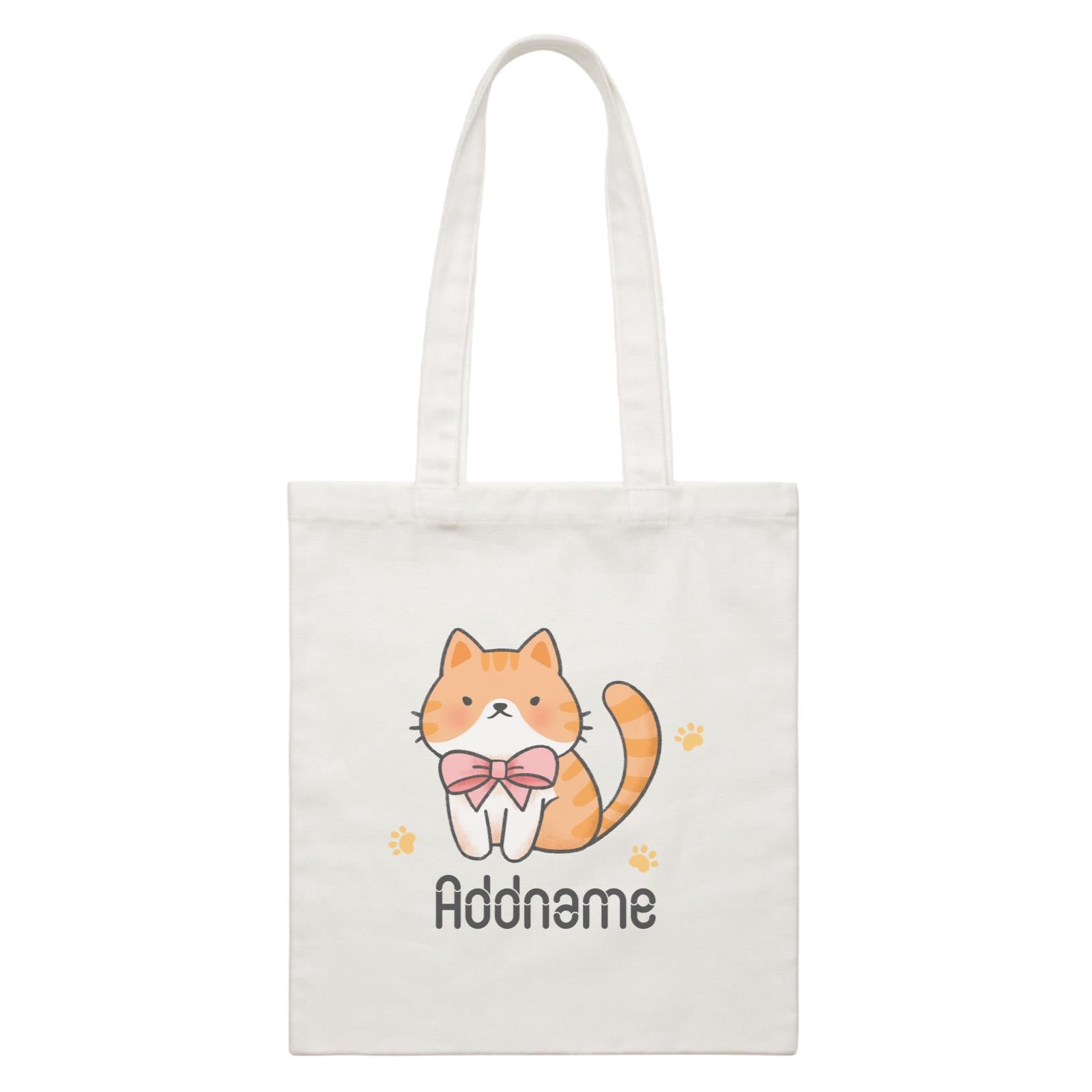 Cute Hand Drawn Style Brown Cat with Ribbon Addname White Canvas Bag