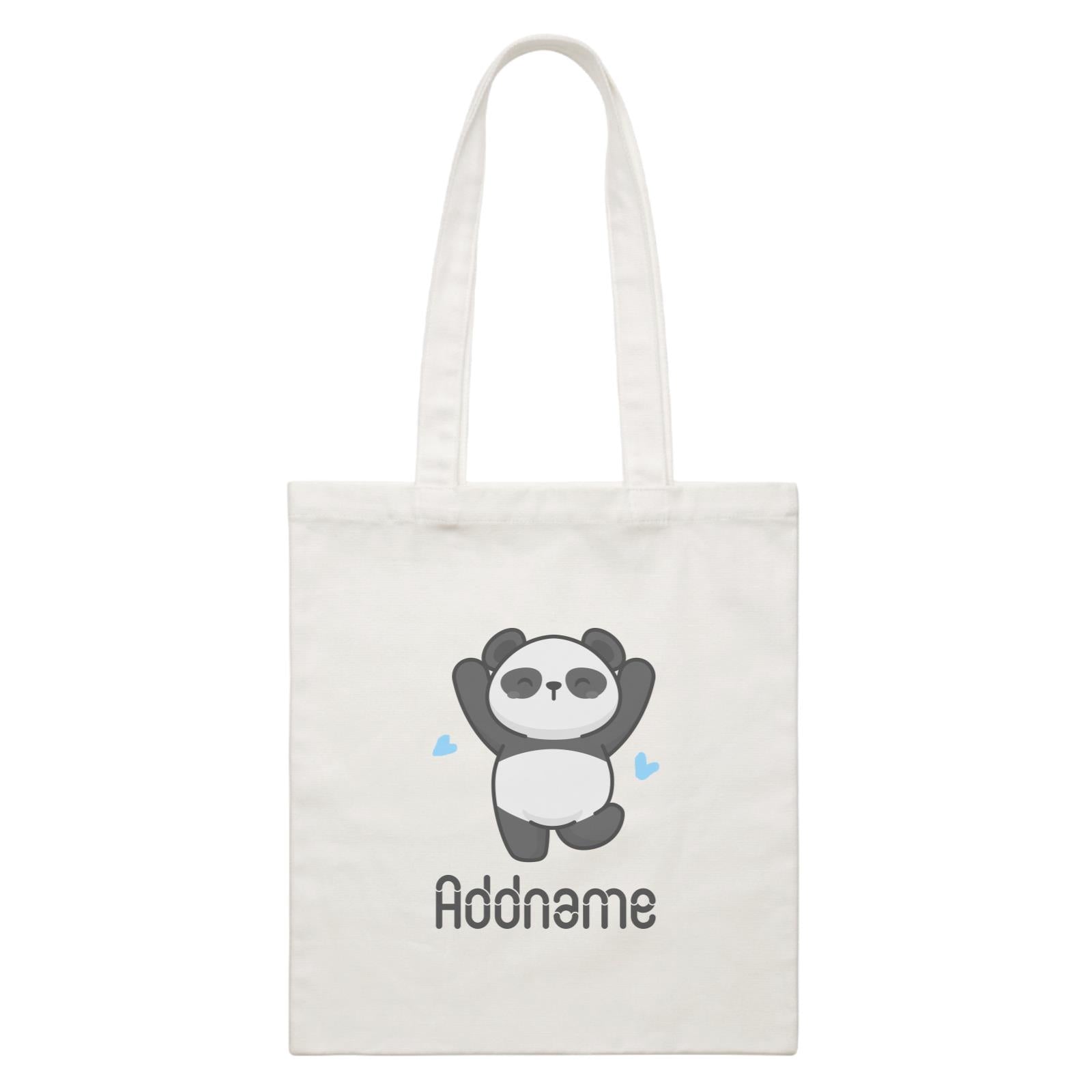 Cute Hand Drawn Style Panda Jumps with Joy Addname White Canvas Bag