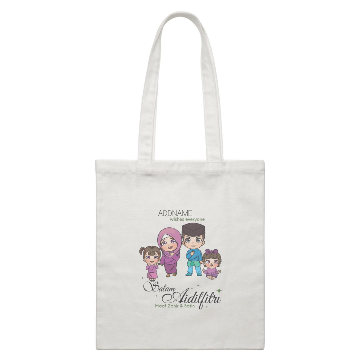 Raya Chibi Family Girl And Baby Girl Addname Wishes Everyone Salam Aidilfitri Maaf Zahir &amp; Batin White Canvas Bag
