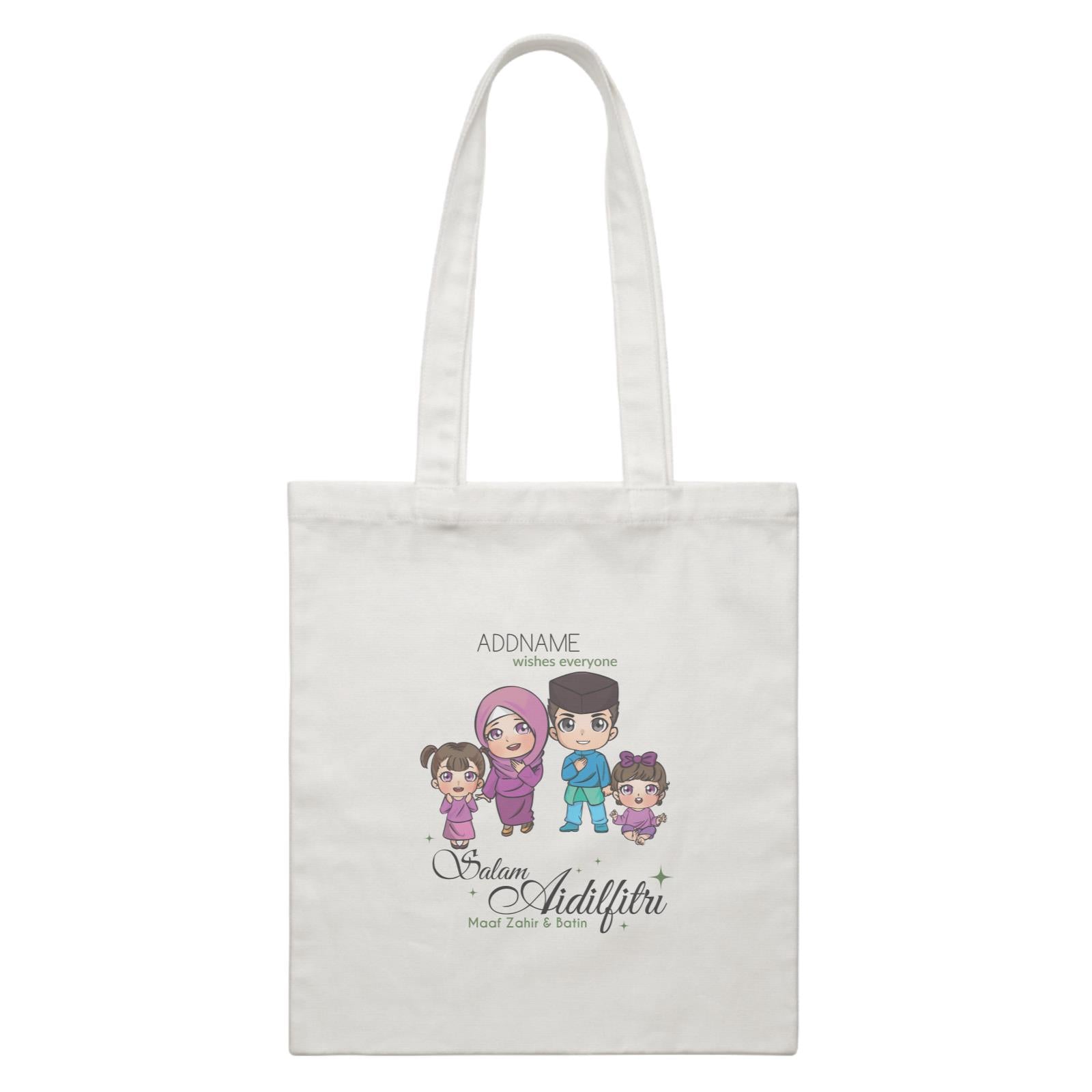 Raya Chibi Family Girl And Baby Girl Addname Wishes Everyone Salam Aidilfitri Maaf Zahir & Batin White Canvas Bag
