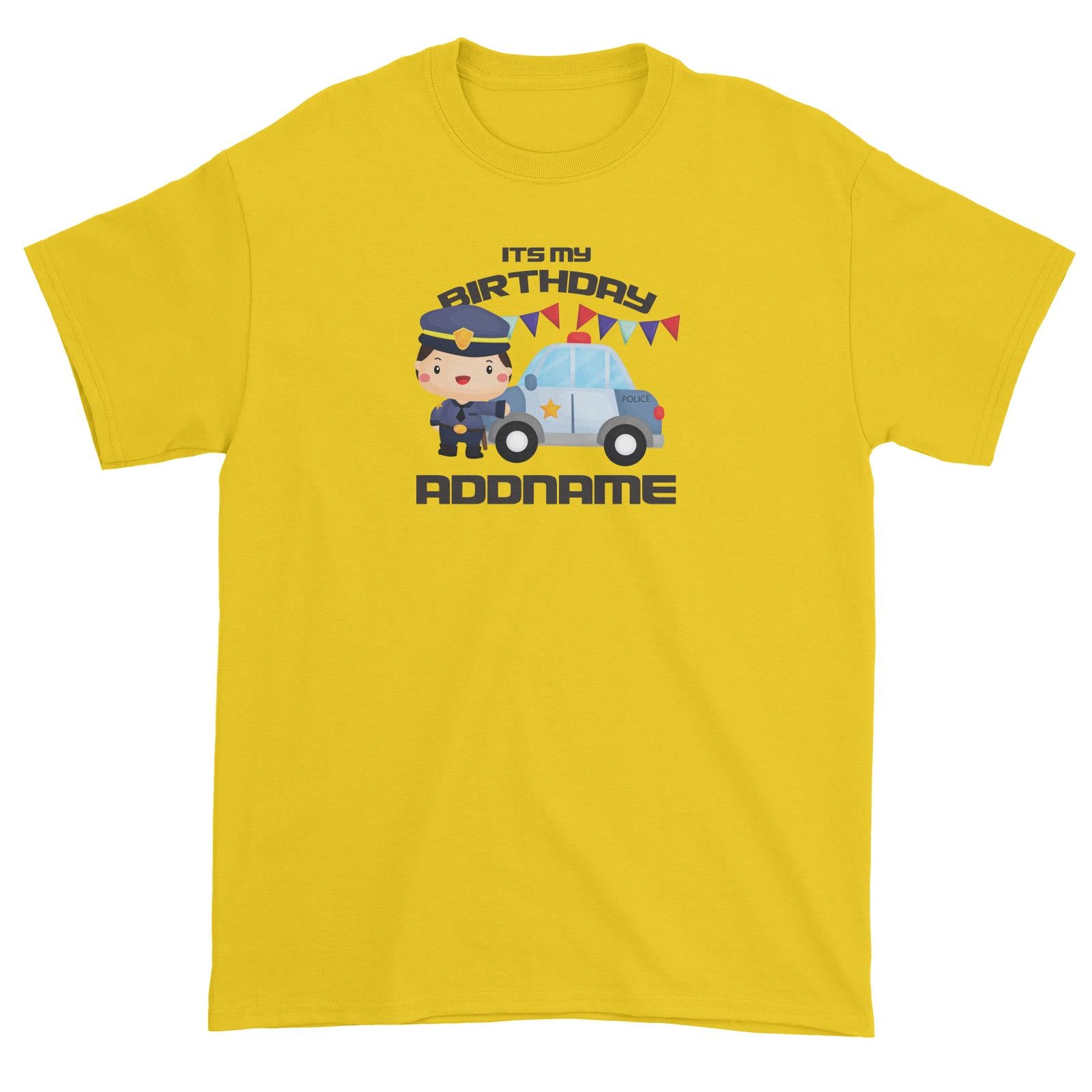 Birthday Police Officer Boy In Suit With Police Car Its My Birthday Addname Unisex T-Shirt