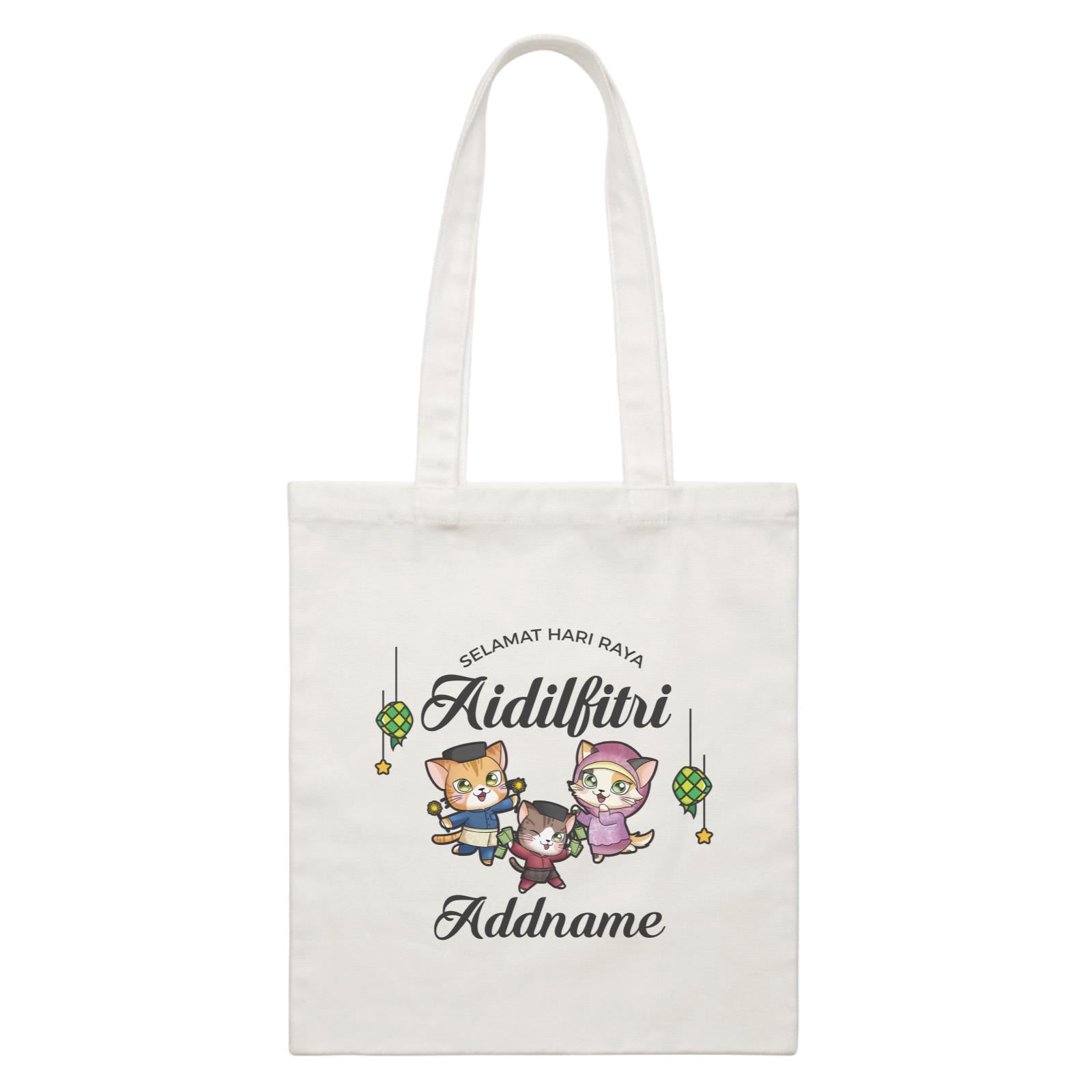 Raya Cute Animals Cat Family With Brother Wishes Selamat Hari Raya Aidilfitri White Canvas Bag