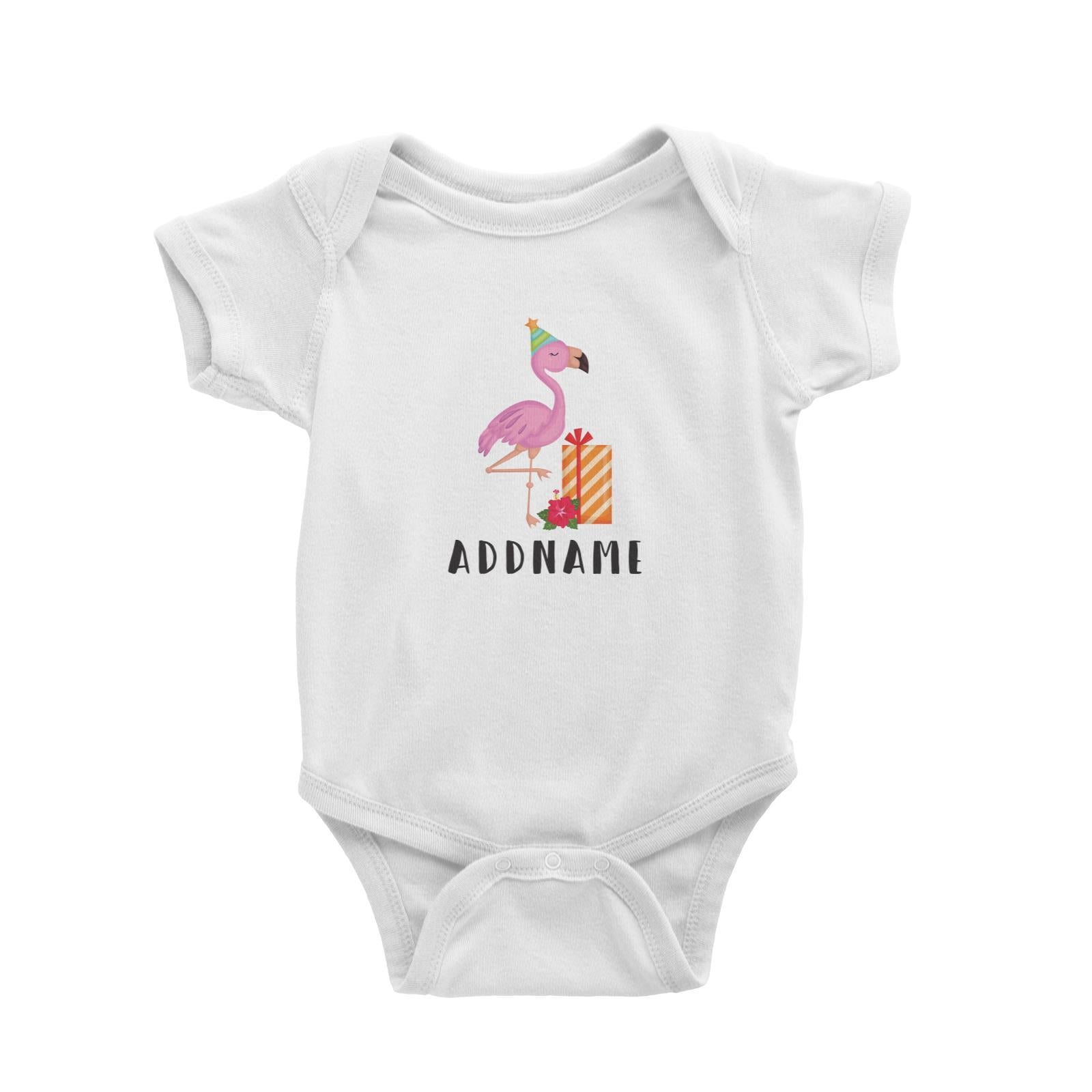 Birthday Hawaii Flamigo Wearing Party Hat With Present And Hibiscus Addname Baby Romper