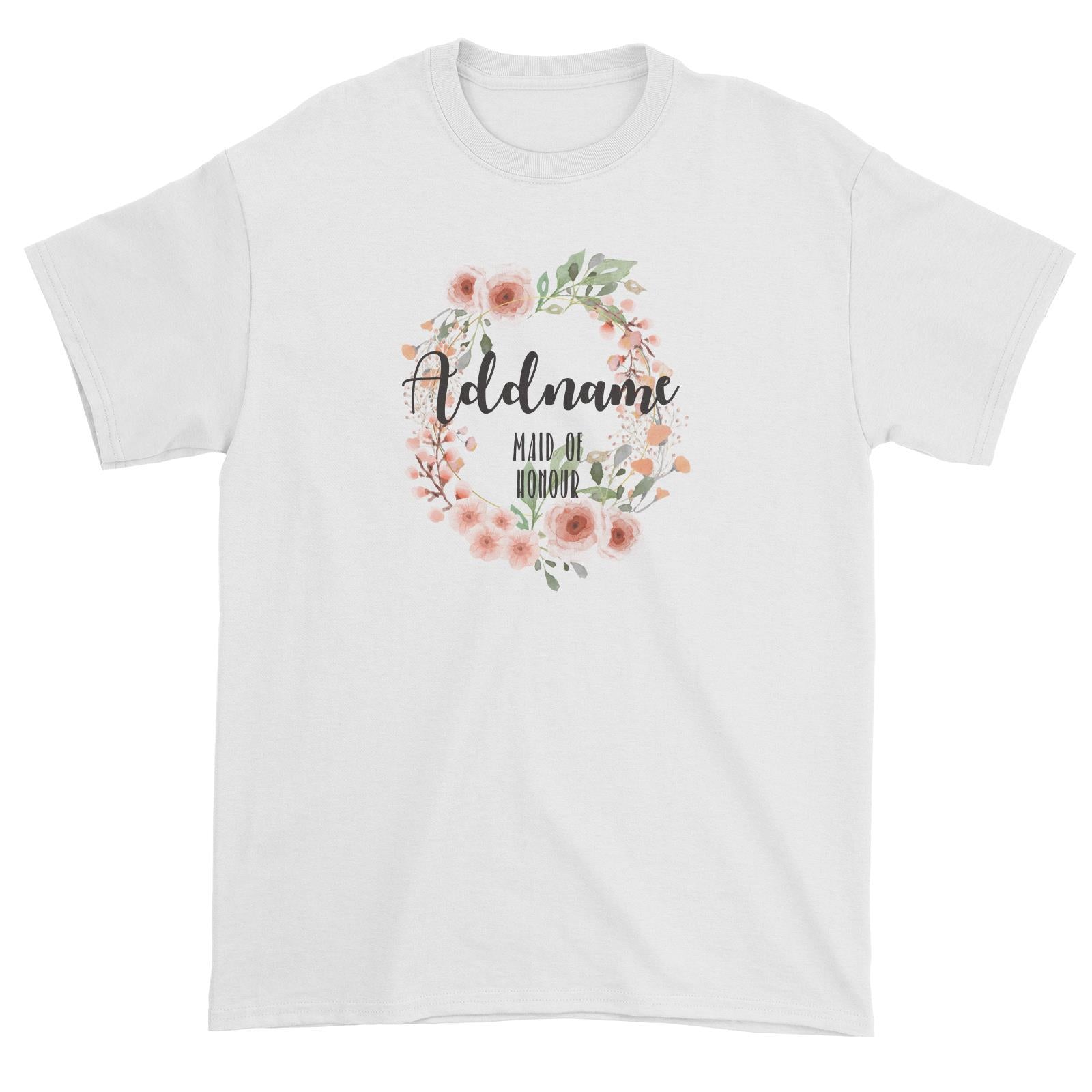 Bridesmaid Floral Sweet 2 Watercolour Flower Wreath Maid Of Honour Addname Unisex T-Shirt