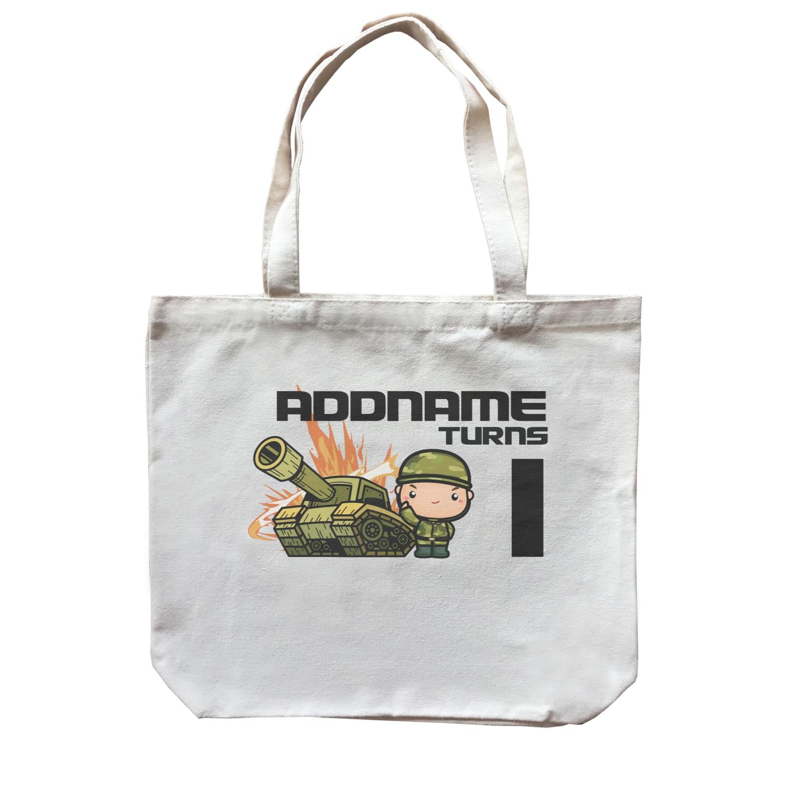 Birthday Battle Theme Tank And Army Soldier Boy Addname Turns 1 Canvas Bag