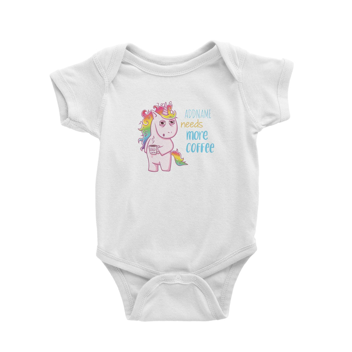 Tired Unicorn Need More Coffee White Baby Romper Personalizable Designs