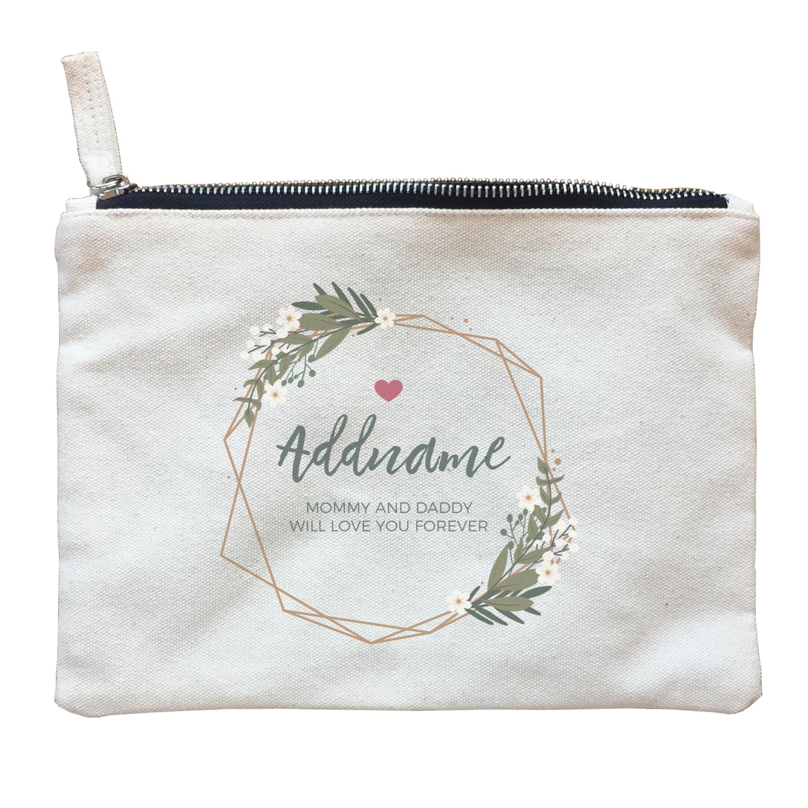 White Flowers and Geometric Frame Wreath Personalizable with Name and Text Zipper Pouch