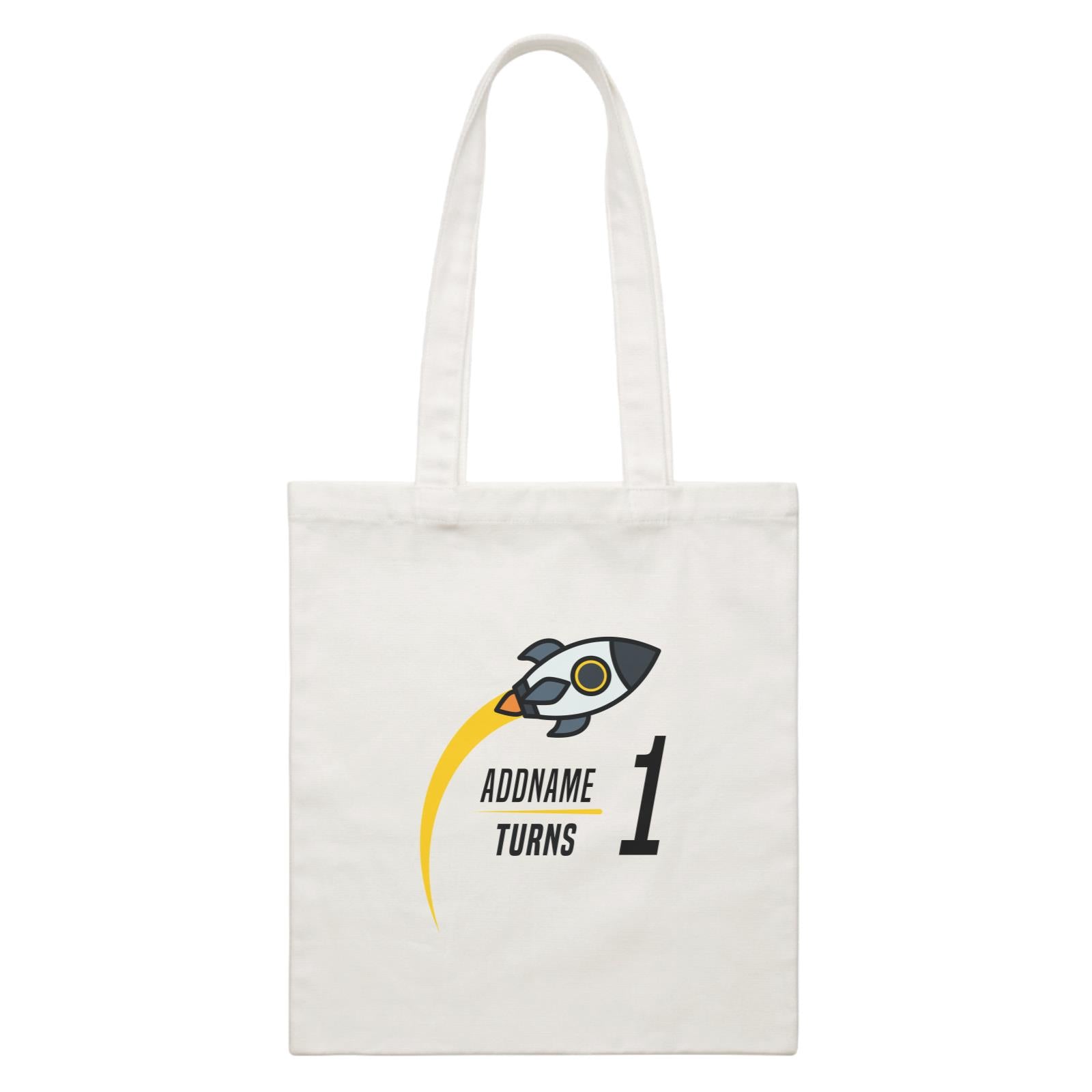 Birthday Flying Rocket To Galaxy Addname Turn 1 White Canvas Bag