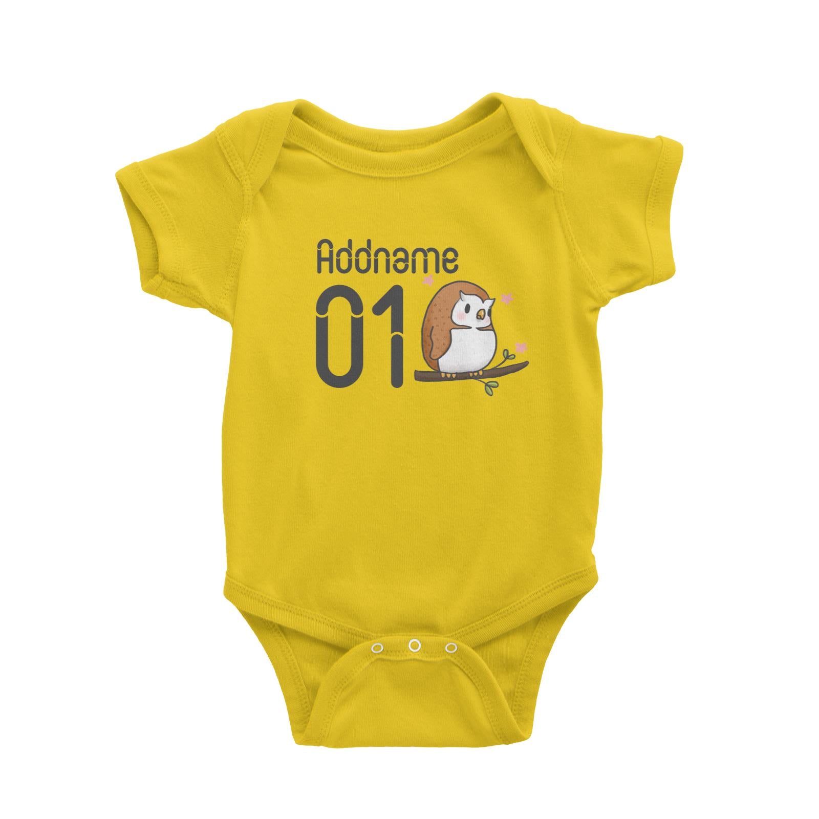 Name and Number Cute Hand Drawn Style Owl Baby Romper