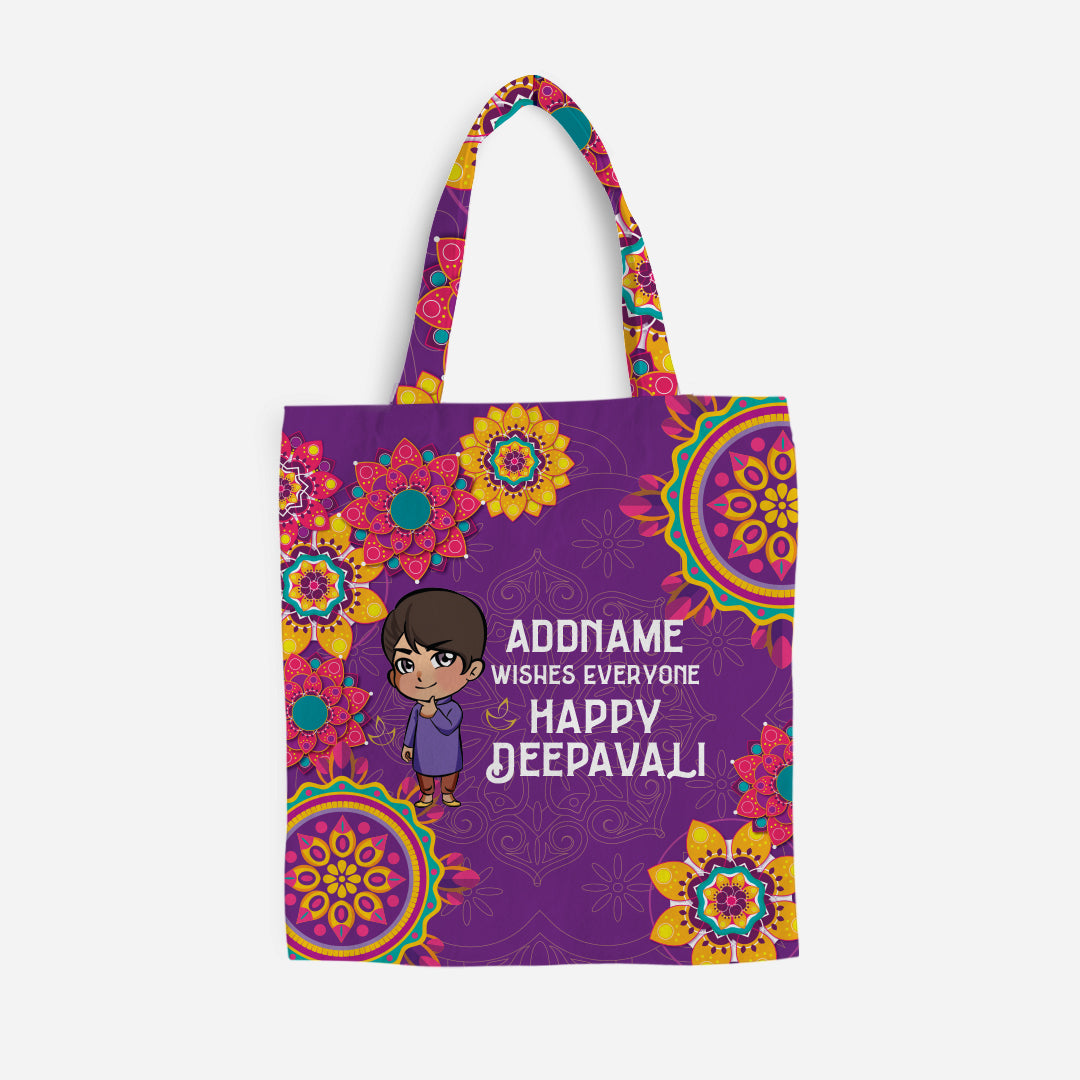 Deepavali Chibi Full Print Canvas Bag - Little Boy Addname Wishes Everyone Deepavali
