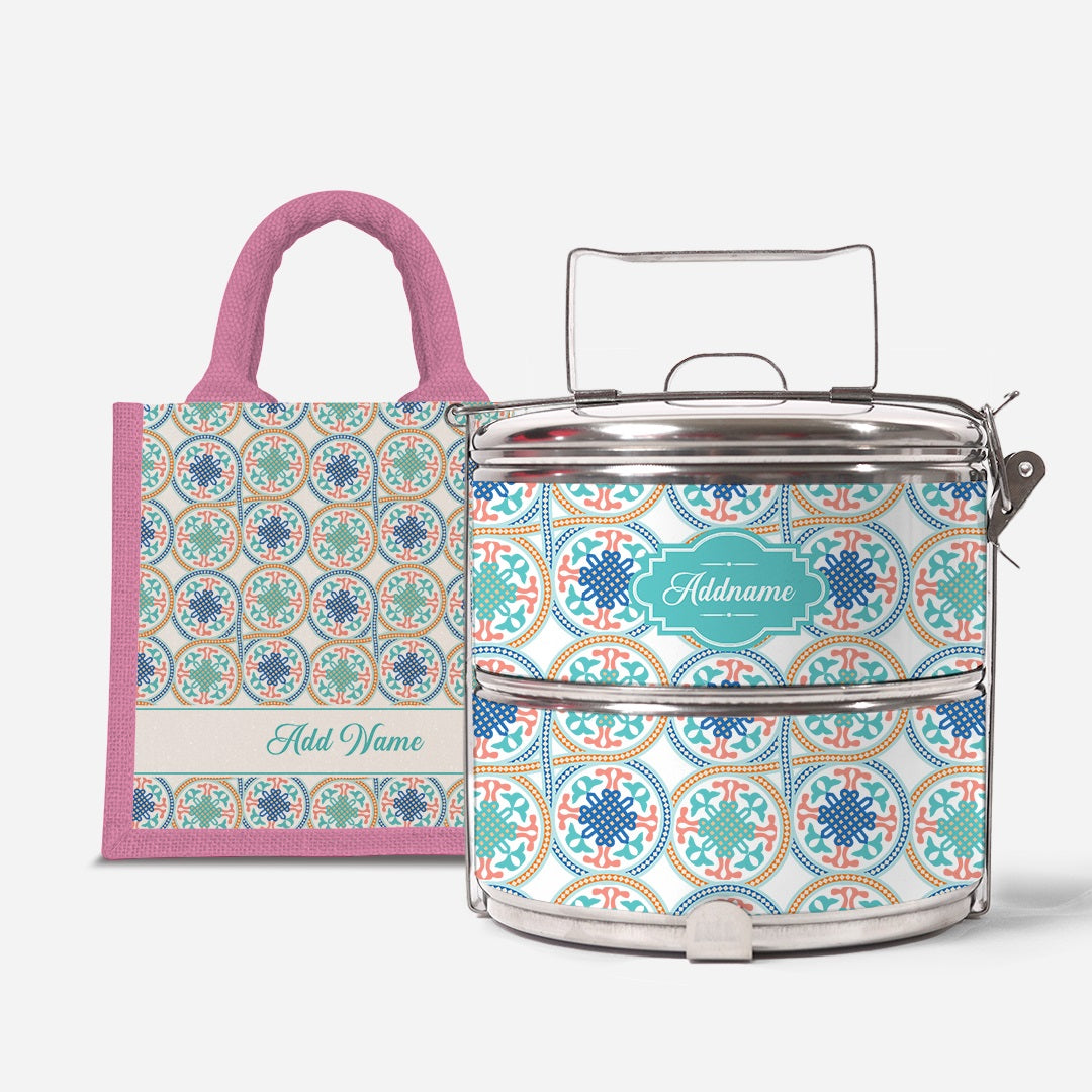 Moroccan Series Standard Two Tier Tiffin With Half Lining Lunch Bag  - Chahid Light Pink