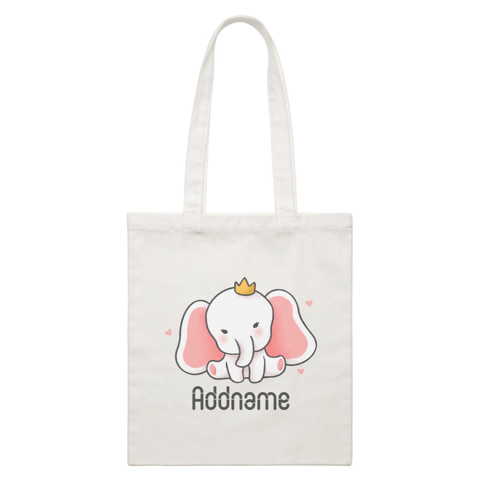 Cute Hand Drawn Style Baby Elephant with Crown Addname White Canvas Bag