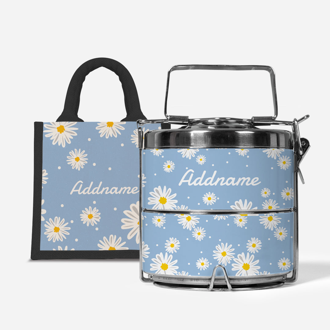 Daisy Series Half Lining Lunch Bag Wtih Premium Two Tier Tiffin Carrier - Frost