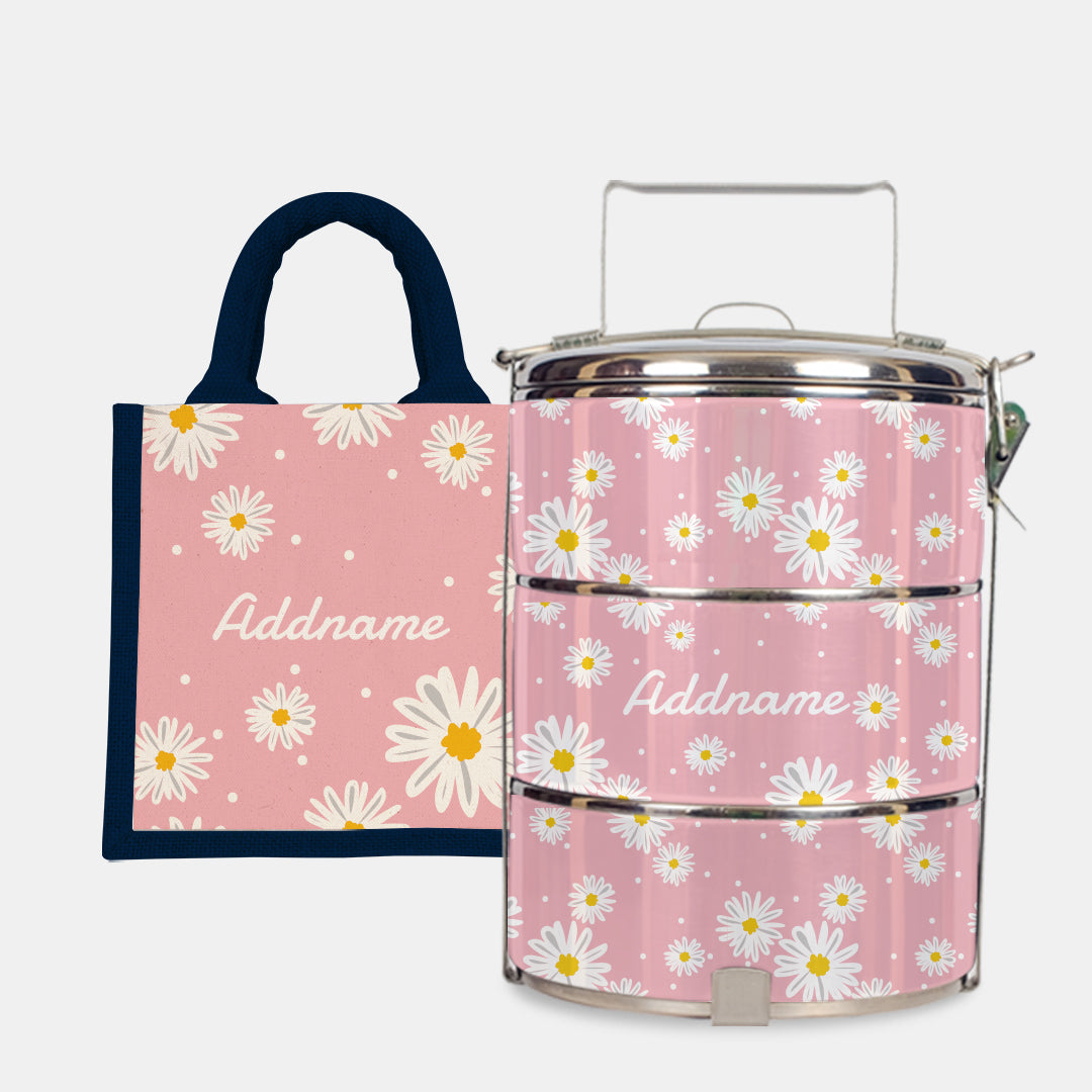 Daisy Series Half Lining Lunch Bag Wtih Standard Tiffin Carrier - Blush Navy