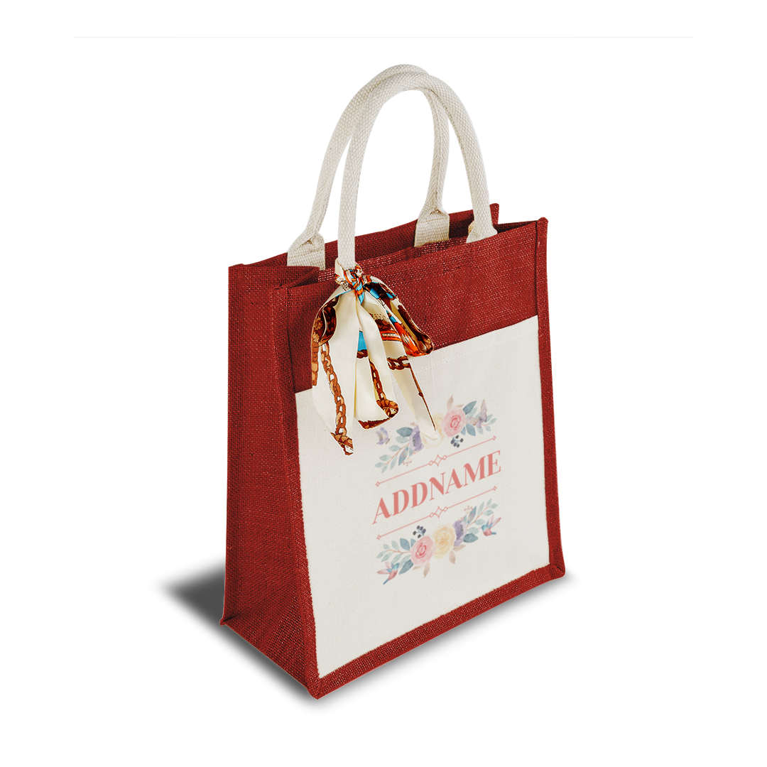 Le Fleur Series Raffinée Red Colourful Jute Bag With Front Pocket