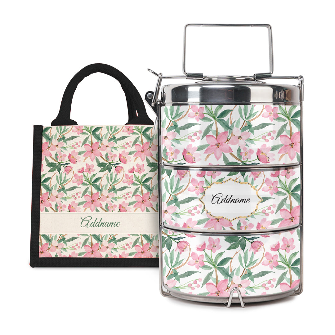 Laura Series - Blossom  - Lunch Tote Bag with Three-Tier Tiffin Carrier