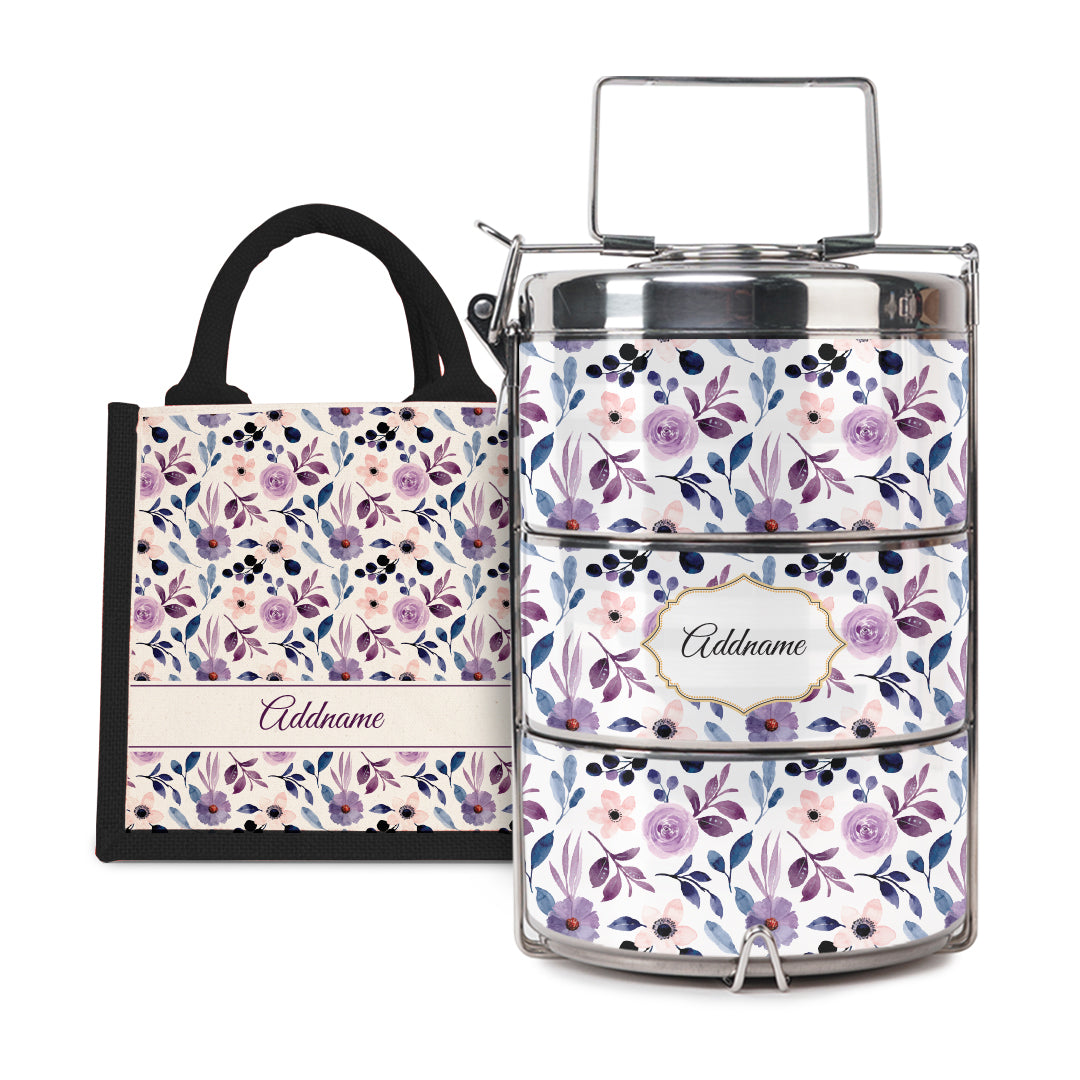Laura Series - Violet - Lunch Tote Bag with Three-Tier Tiffin Carrier