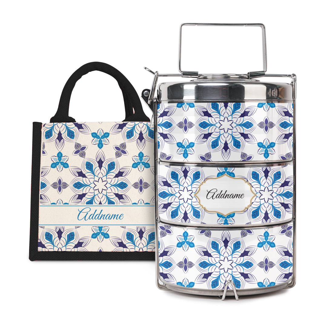 Moroccan Series - Arabesque Frost - Lunch Tote Bag with Three-Tier Tiffin Carrier