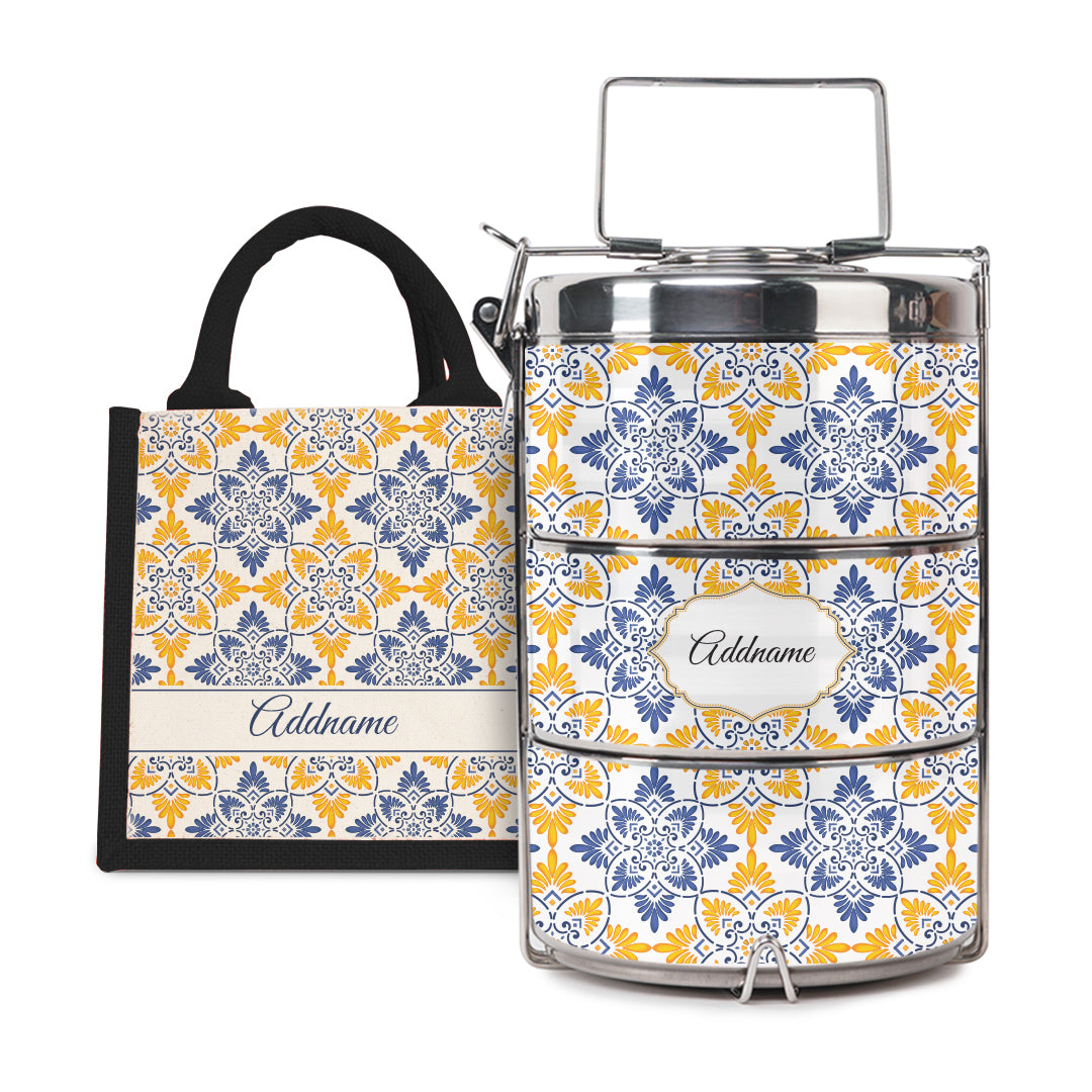 Moroccan Series - Arabesque Butter Blue  - Lunch Tote Bag with Three-Tier Tiffin Carrier