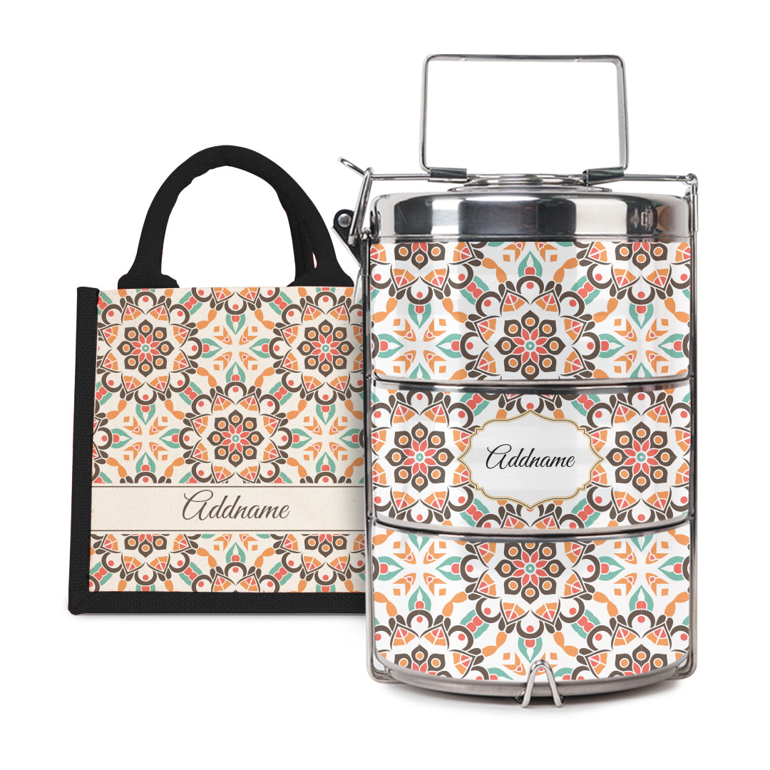 Moroccan Series - Arabesque Geo Brown - Lunch Tote Bag with Three-Tier Tiffin Carrier