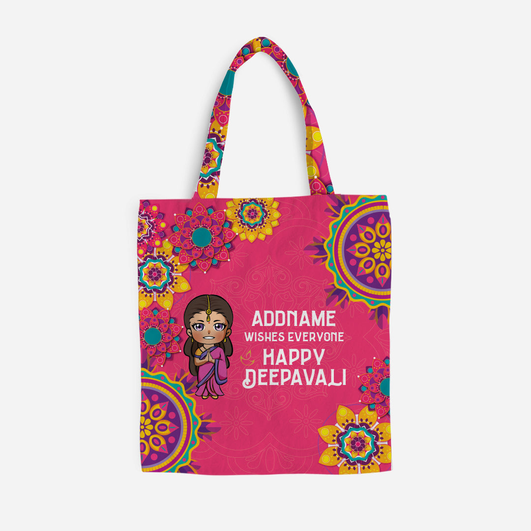 Deepavali Chibi Full Print Canvas Bag - Woman Front Addname Wishes Everyone Deepavali