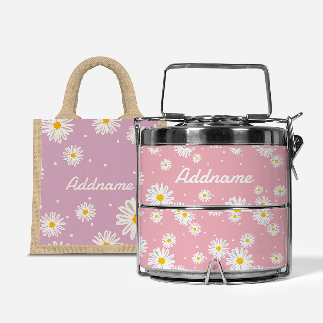 Daisy Series Half Lining Lunch Bag Wtih Premium Two Tier Tiffin Carrier - Blush