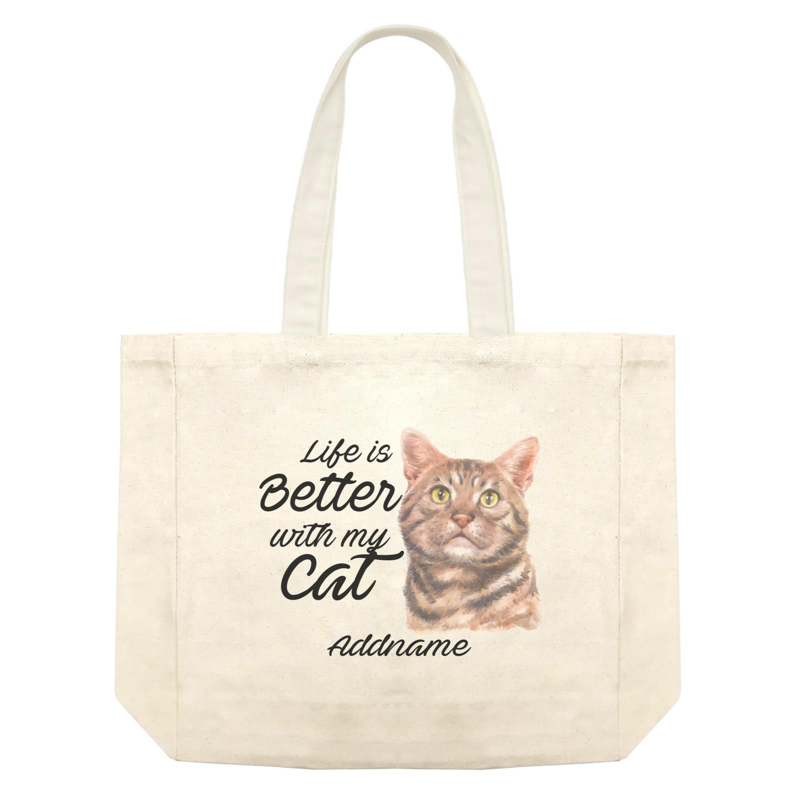 Watercolor Life is Better With My Cat Brown American Shorthair Cat Addname Shopping Bag