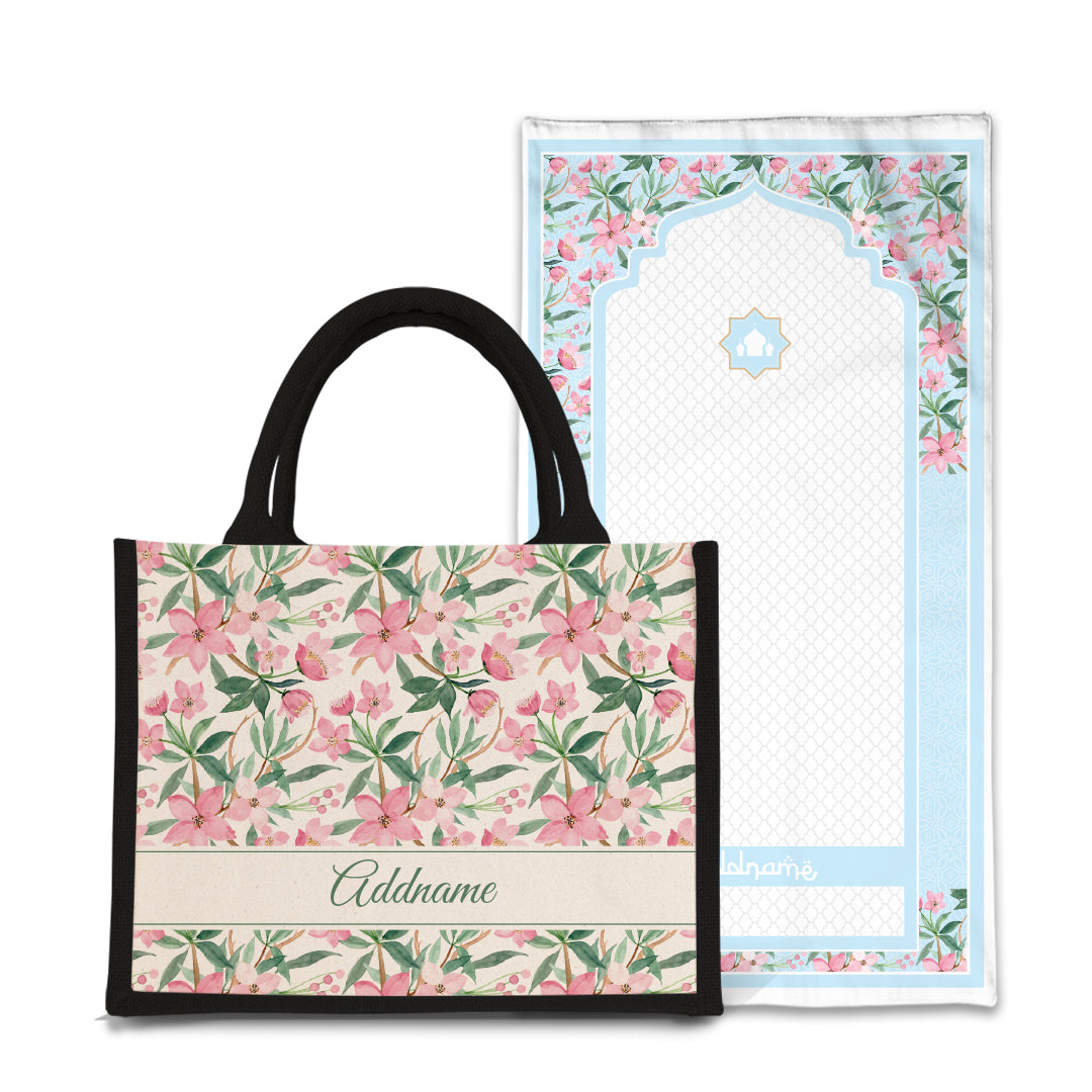 Blossom  Sejadah Prayer Mat with Half Lining Small Jute Bag Bundle