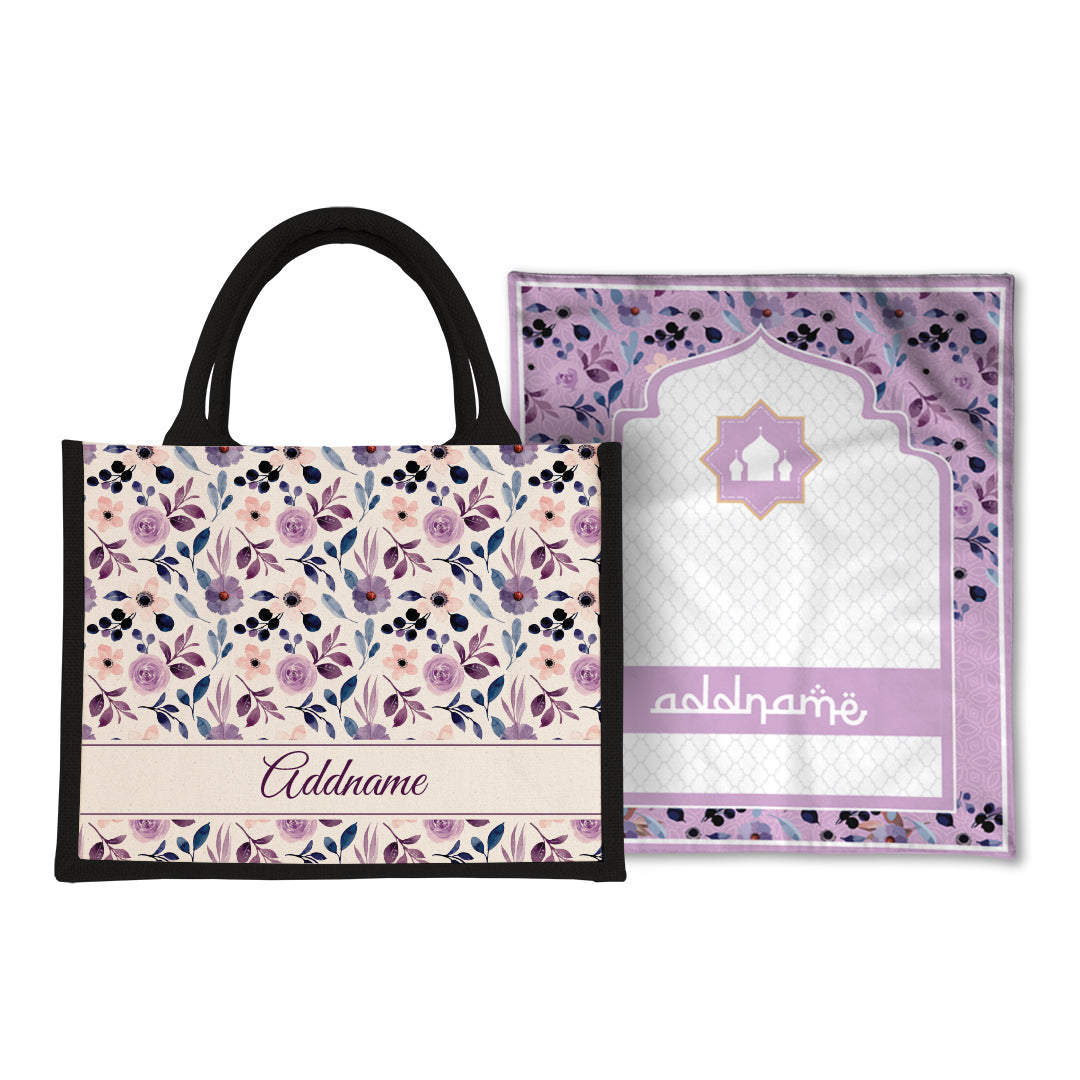 Violet  Sejadah Prayer Mat with Half Lining Small Jute Bag Bundle