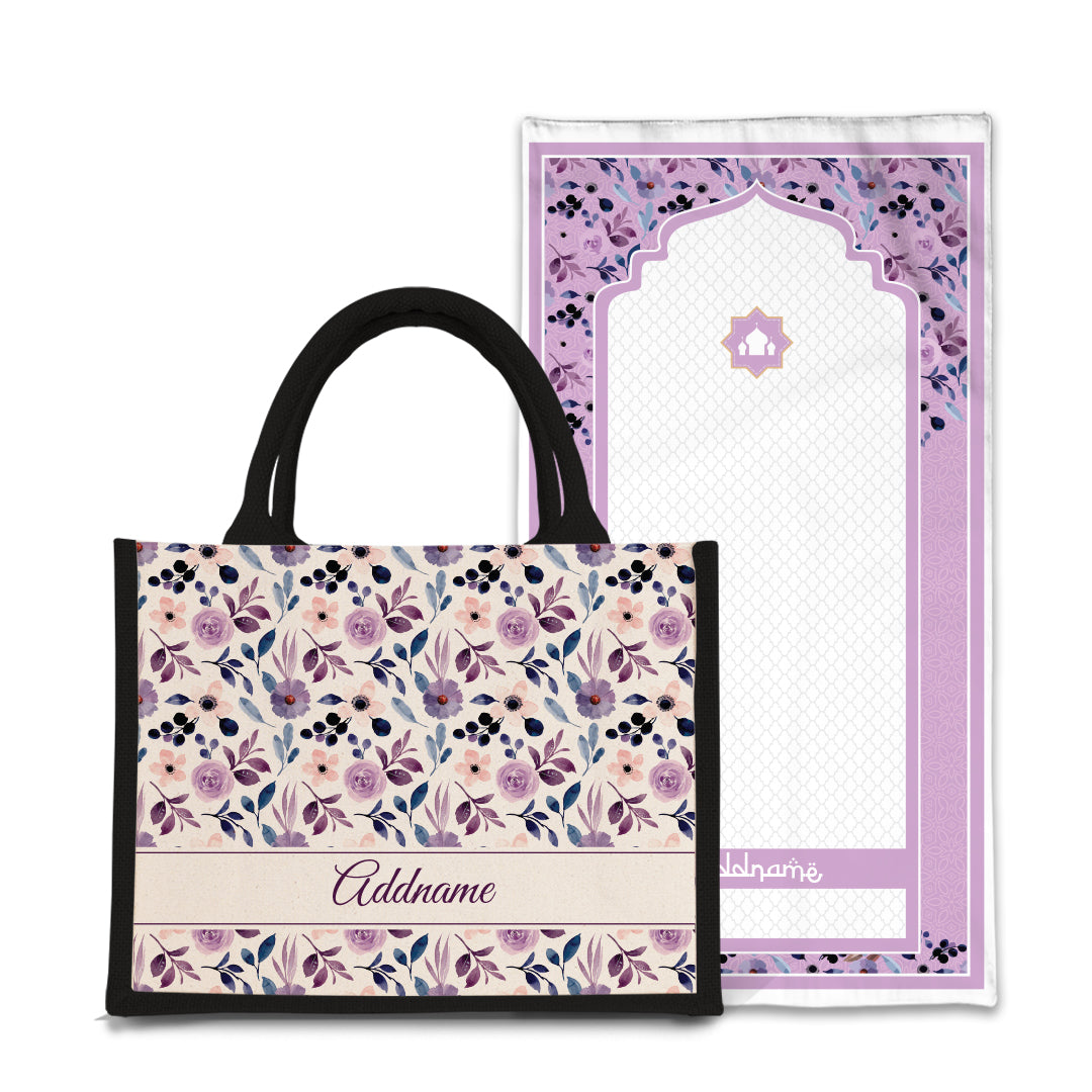 Violet  Sejadah Prayer Mat with Half Lining Small Jute Bag Bundle