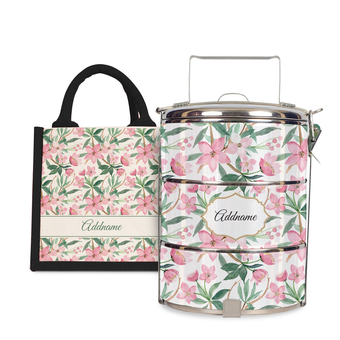 Laura Series - Blossom  - Lunch Tote Bag with Three-Tier Tiffin Carrier