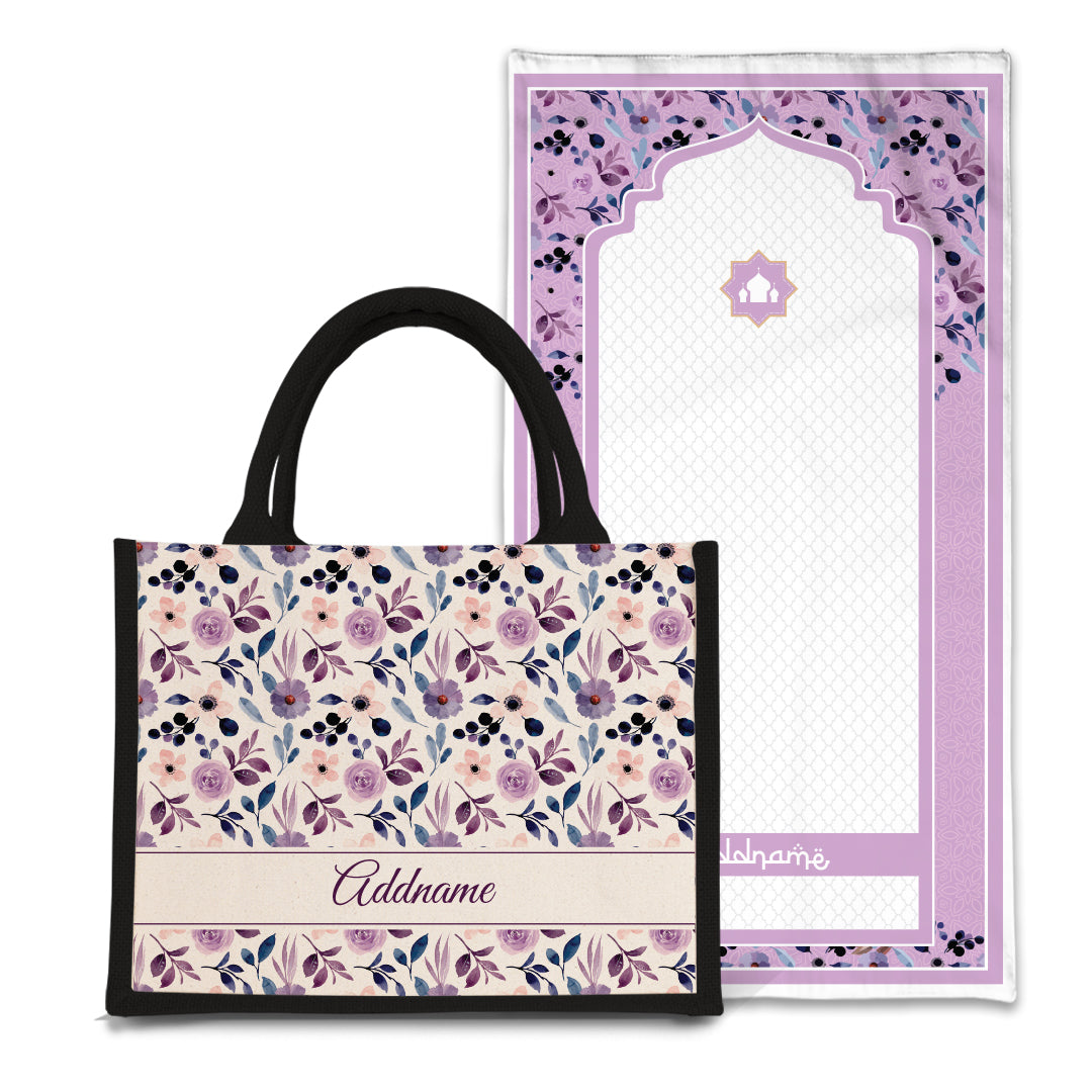 Violet  Sejadah Prayer Mat with Half Lining Small Jute Bag Bundle