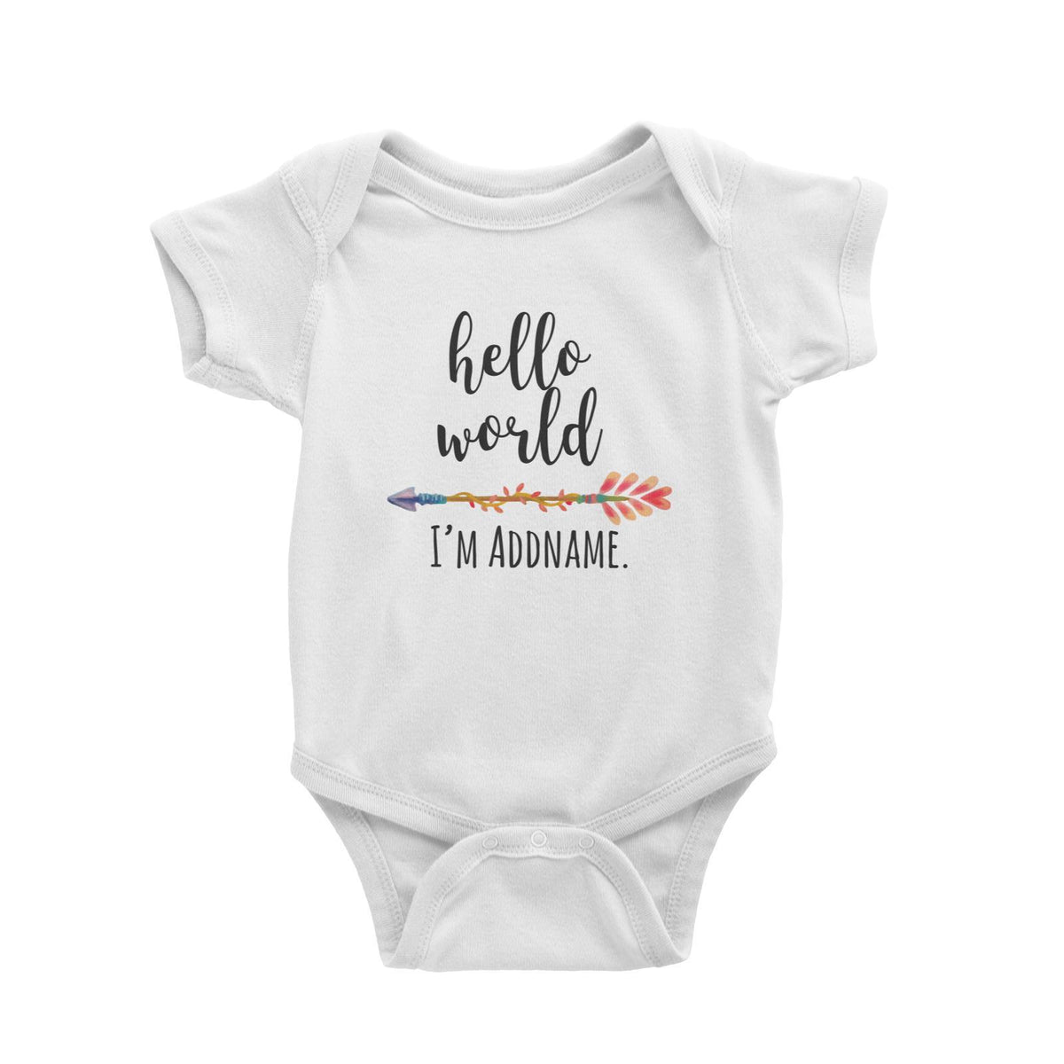 Hello World I'm Addname with Arrow Baby Romper Personalizable Designs Basic Newborn